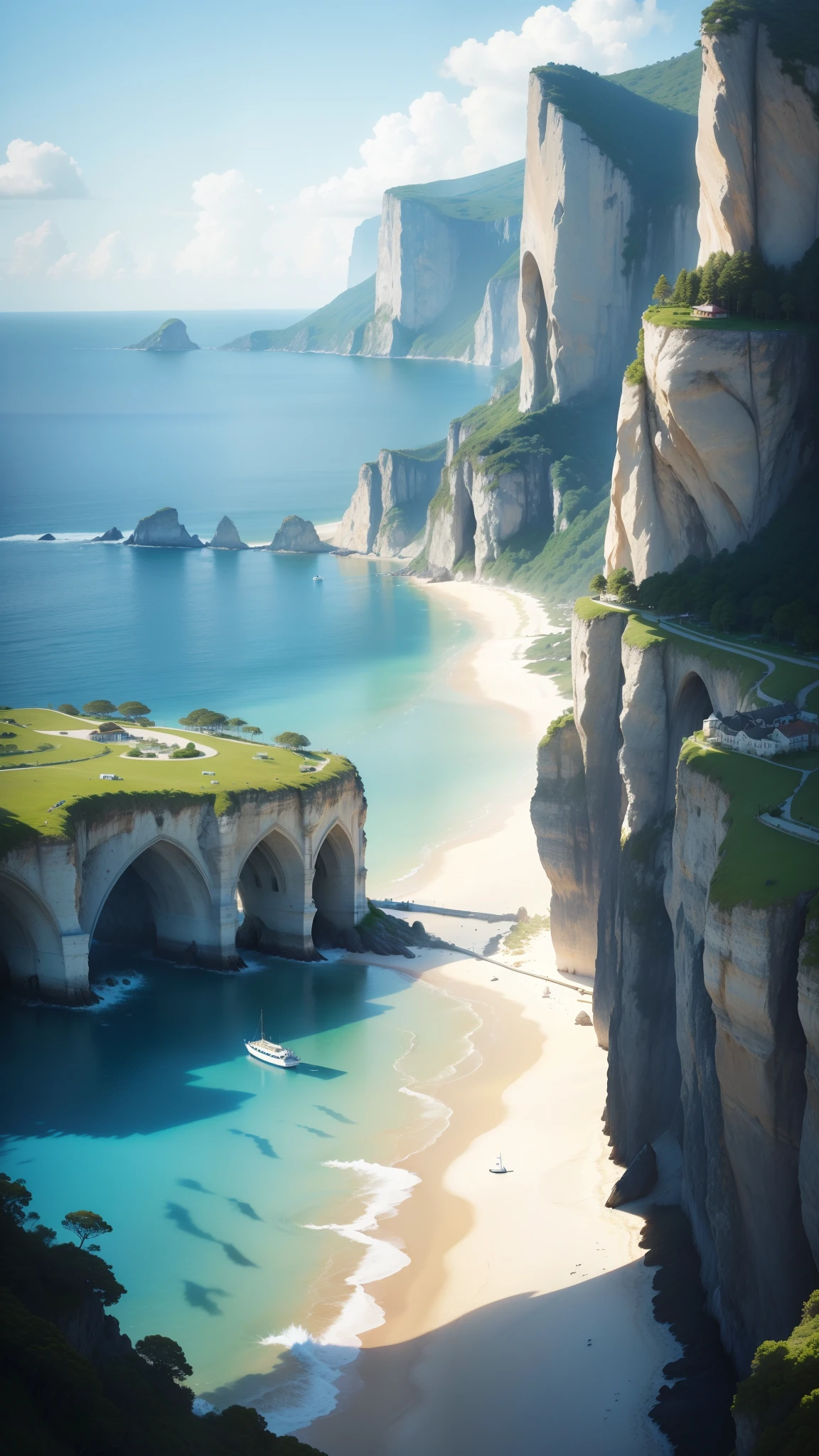 (best quality,4k,8k,highres,masterpiece:1.2),ultra-detailed,(realistic,photorealistic,photo-realistic:1.37),landscape,seascape,natural beauty,serene atmosphere,calm waves,glistening ocean,glorious summer,sandy beach,sun-kissed horizon,blissful tranquility,majestic cliffs,swaying palm trees,clear blue sky,gentle breeze,endless horizon,splendid sunlight,breathtaking colors,vibrant hues,harmonious composition,soft reflections,ethereal ambiance,peaceful escape,warm sunlight illuminating the scenery,sparkling water,secluded paradise,enchanting shoreline,distant sailboats,seagulls soaring in the sky,invigorating scent of saltwater,pure serenity,secluded cove,azure waters,pristine beauty,unspoiled nature,captivating view,scenic wonder,natural oasis,dreamlike paradise.