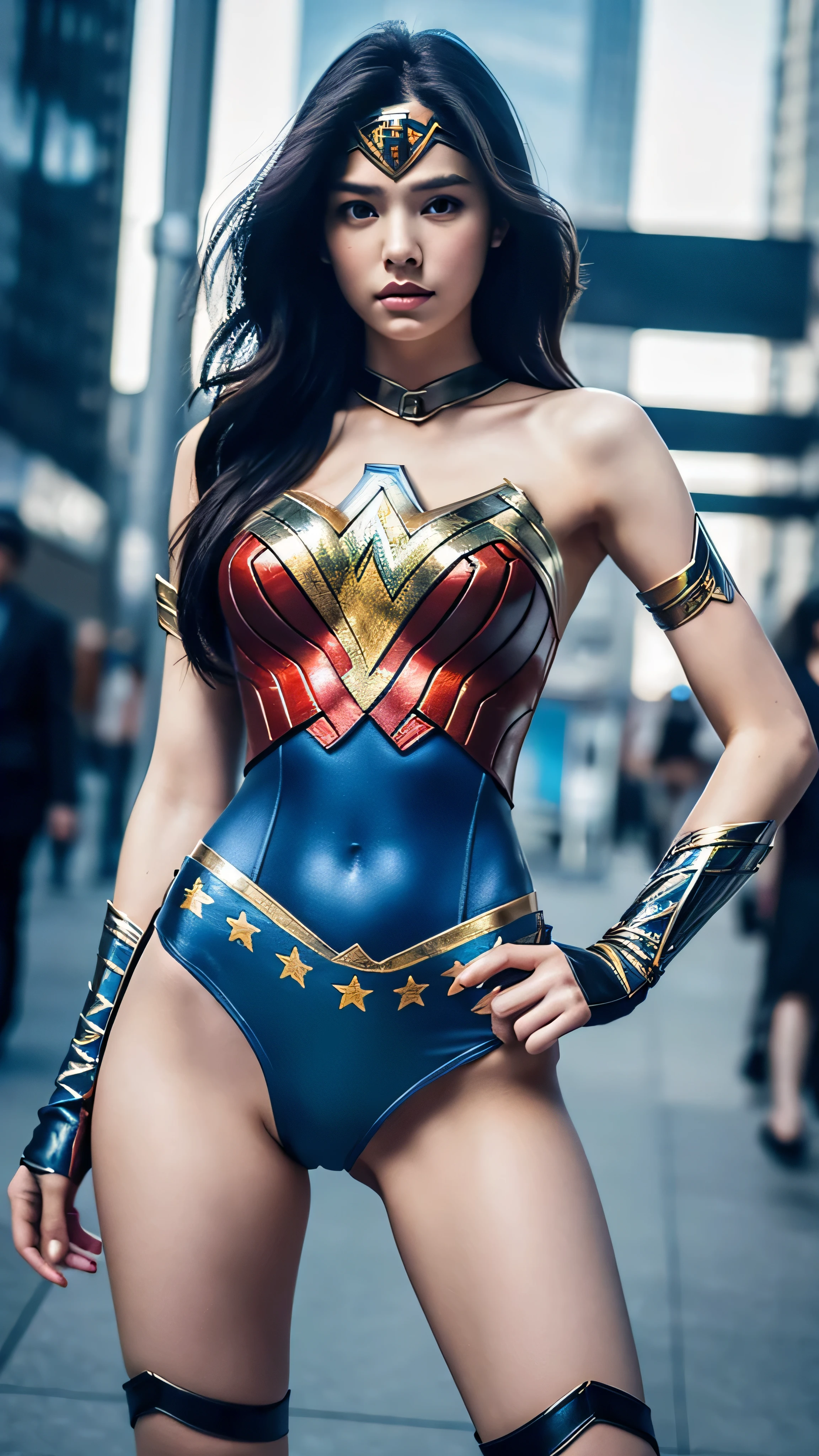 ((masterpiece, 8K, 3D, Realistic, Super Detail)), (1girl:1.3), slender 17 age, Ultra Micro photography, Super realistic, Perfect face, Beautiful features, ((Perfect female body)) Beautiful features, ( body), ((small hips)), Lisa Blackpink as Wonder woman suit ((Exposed thigh)), Exposed Skin, Front Full body Shot, full body portrait, futuristic city background
