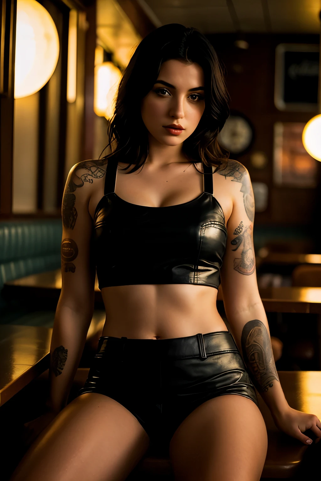 gloomy unearthly photograph photo of a young angry (Isidora_v2:0.95), crop top, Textured leather, goosebumps, tattoos on her arms, Sitting in a 50s diner, Perfect eyes, (Atmospheric lighting), hips, sharp focus on the subject