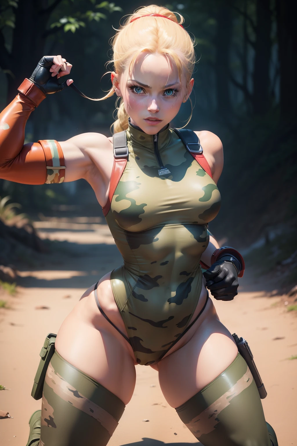 Cammy, o personagem de Street Fighter, wearing her iconic classic look. (She's dressed in a tight combat suit, boina vermelha, Military swimsuit with camouflage print, Botas vermelhas, Longas : 1.2), highlighting your beautiful body and showing your physical strength. Your face is extremely beautiful, with delicate and expressive features. The image was captured in incredible 8K using the Canon EOS R6, resulting in maximum quality and sharp details. Every aspect of the image is a true masterpiece, highlighting the dedication to detail and artistry behind this depiction of Cammy.