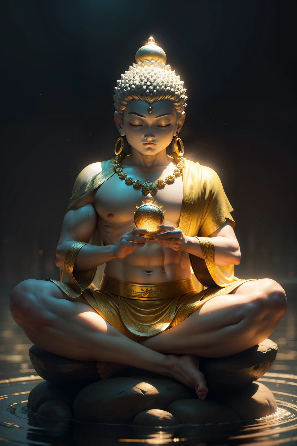 Como Buda,Shakyamuni,Hijo del Buda,Hombres verdaderos,meditar,En el loto,Jinding,Alrededor del Anillo de Oro,chico genial,Magical dream,bokeh, profundidad de campos, HDR, Flooding, diferencia de color, siendo realista, el es muy detallado, complejo, alto detalle,estilo de dibujos animados,Encarnado como ser humano