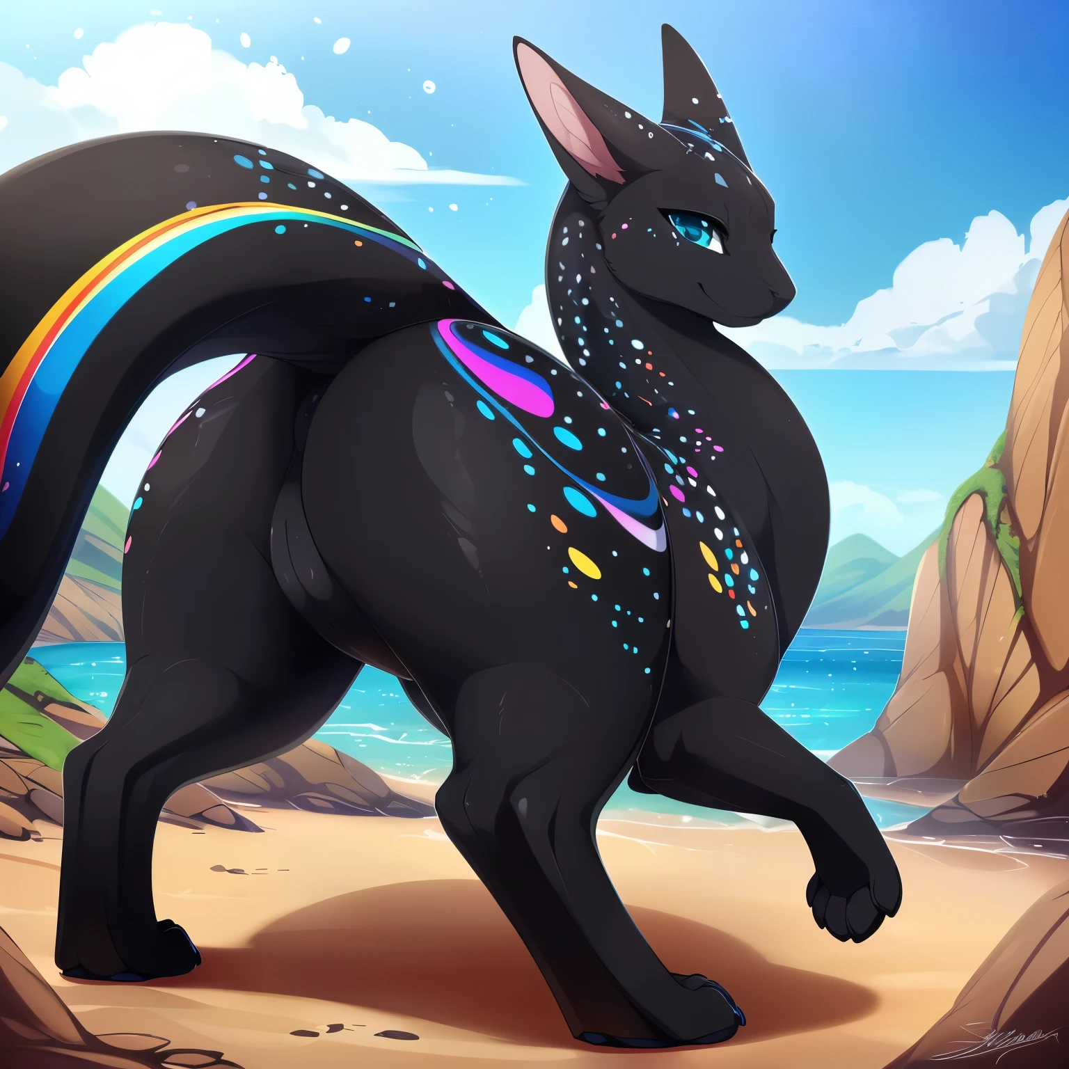 ((black_gryphon)), (slugcat), (all_black_body), otter, (feral_quadruped), (by shikaro), (by Inno-Sjoa), (by asaneman), (by DAGASI), female, big_butt, ((extremely_wide_excessively_massive_hyper_hips)) normal_tail, (massive_plump_hyper_labia), ((prismatic_speckles)), (long_floppy_ears), Long_neck, glistening_skin, ((digitigrade_extremely_tiny_paws)), Perfect_eyes), sexy, seductive, 1080p, (best quality), (masterpiece),