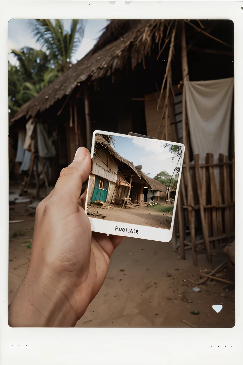 hand with polaroid photo, background and polaroid are aligned, photo of poor African village, photo realistic, detailed conceptual photography.