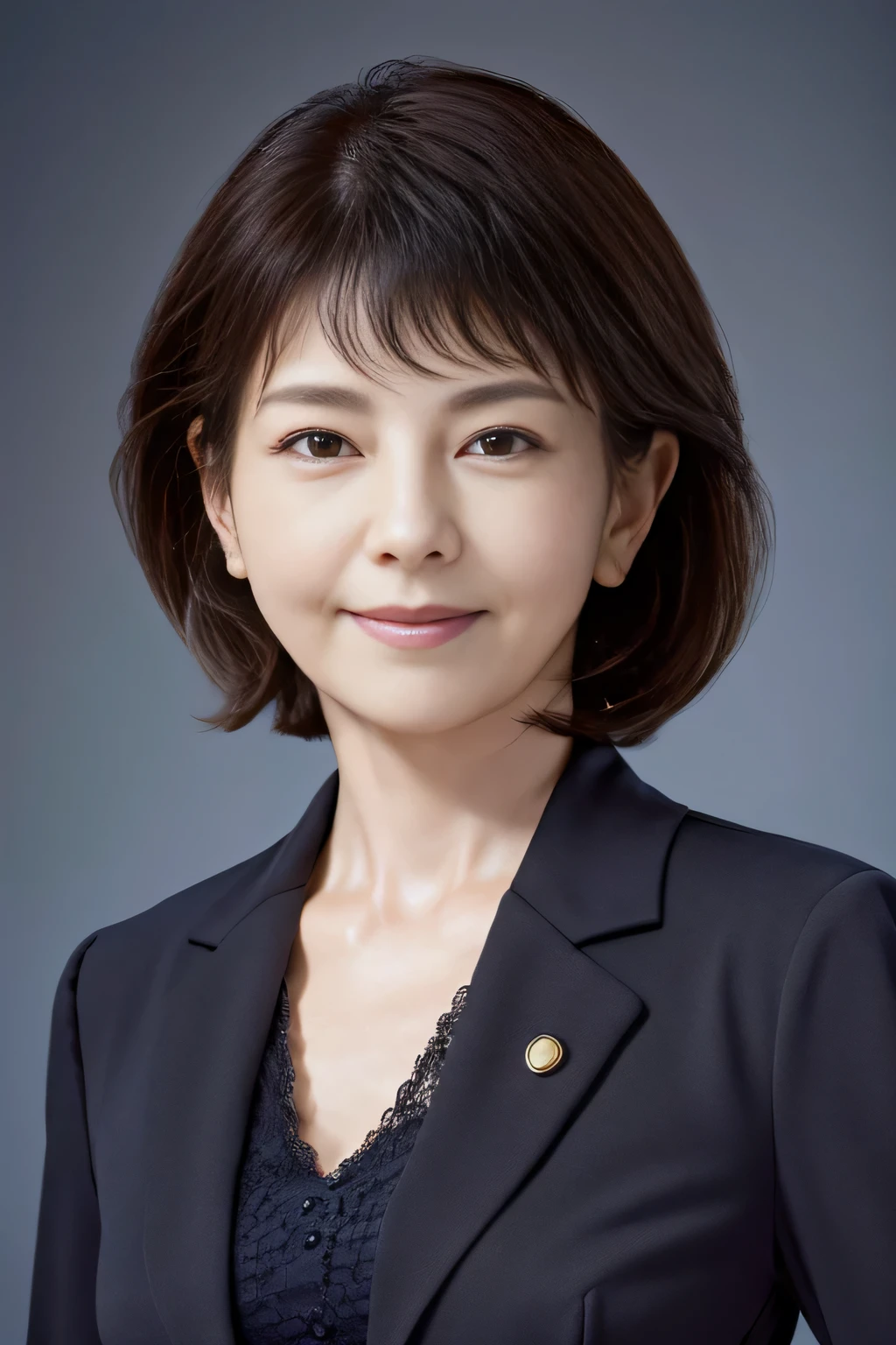 Japanese, woman, 58 years old, mature, wrinkles around the eyes, with nasolabial fold, thin lips, eye color is black, brown hair, short hair, , smile, dark blue rubber suit, highest quality, table top, ultra high resolution