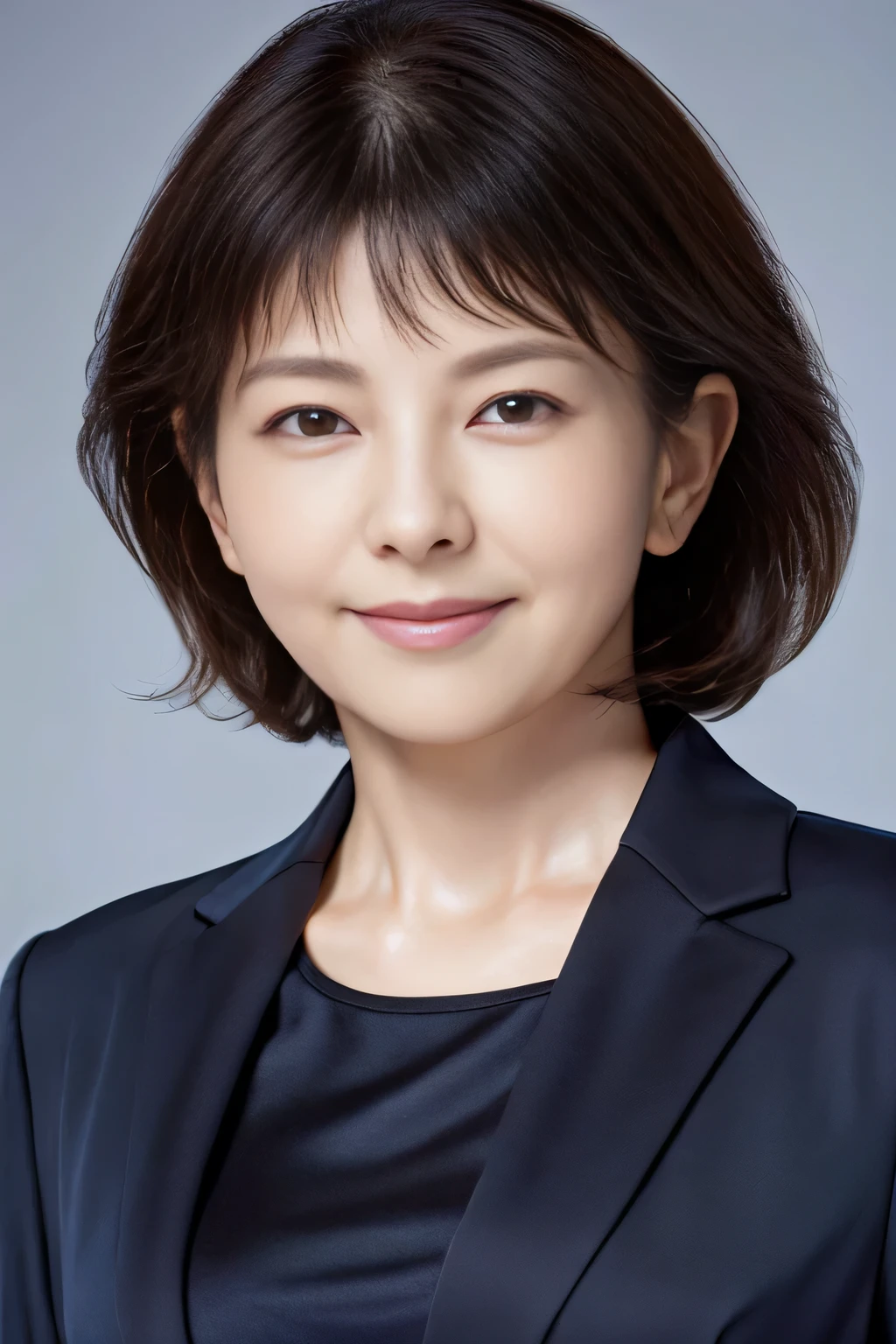 Japanese, woman, 58 years old, mature, wrinkles around the eyes, with nasolabial fold, thin lips, eye color is black, brown hair, short hair, , smile, dark blue rubber suit, highest quality, table top, ultra high resolution