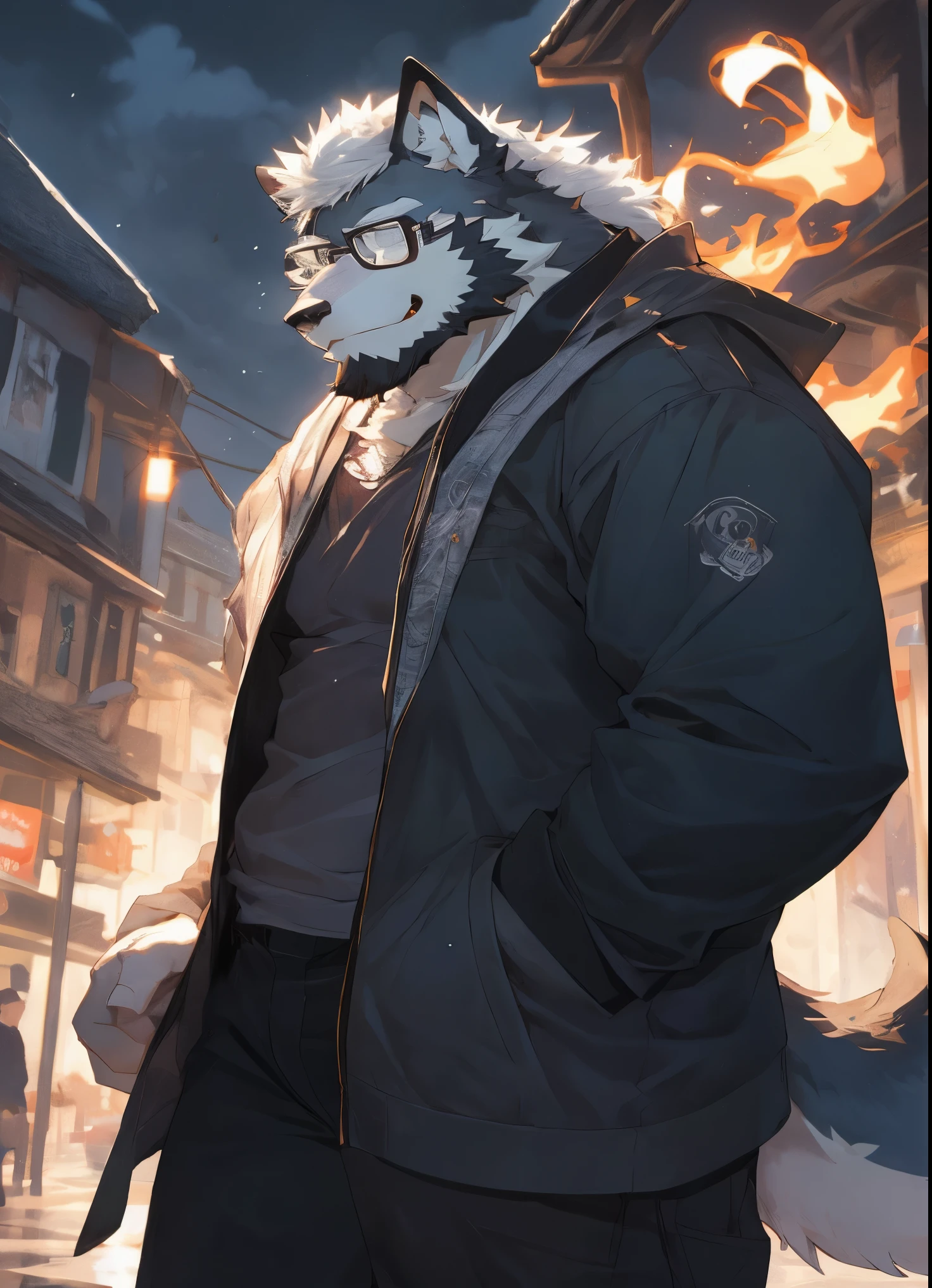 hairy，（（Wolf，Black-rimmed glasses，orange fire jacket）），beard，Hair is a long ponytail，long tail，white fur，male，Common，full-body shot，dynamic poses，giggle，rainy day，night，dark night，Detailed background，极其lifelike阴影，masterpiece，Very detailed，lifelike