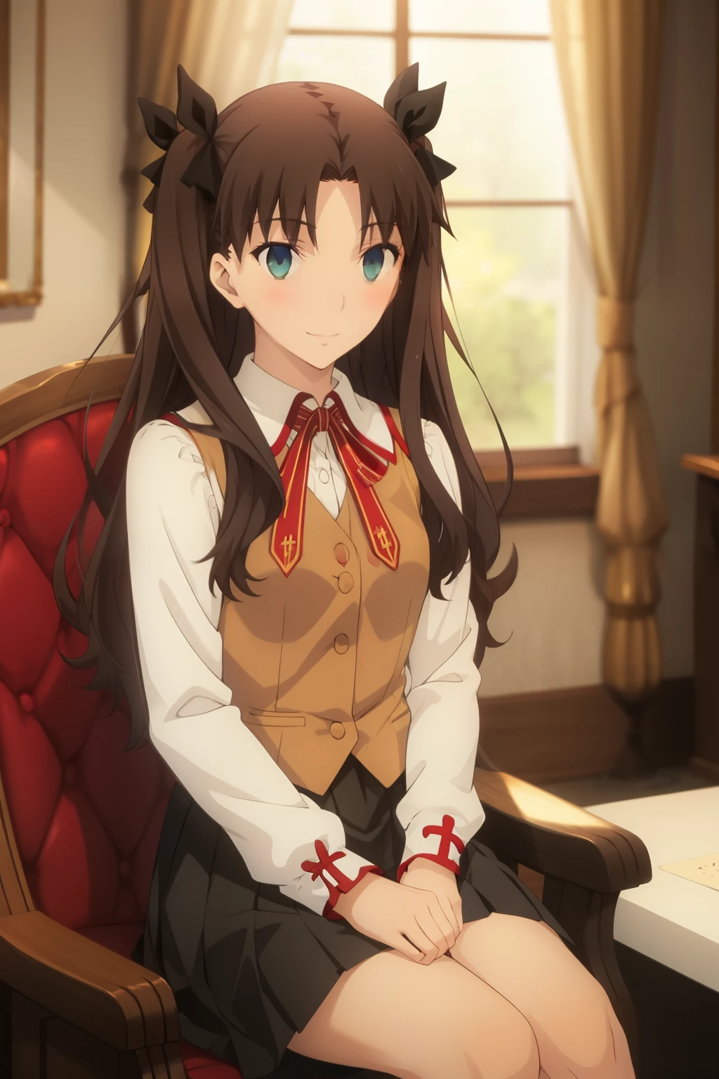 highest quality, (masterpiece:1.2), very detailed,
indoors,
tohsaka rin,
1 girl, alone, sitting in a chair, looking at the viewer, closed mouth, slight smile, blush slightly,
long hair, two side up, brown hair, blue eyes, hair ribbon,
Homurahara Gakuen uniform