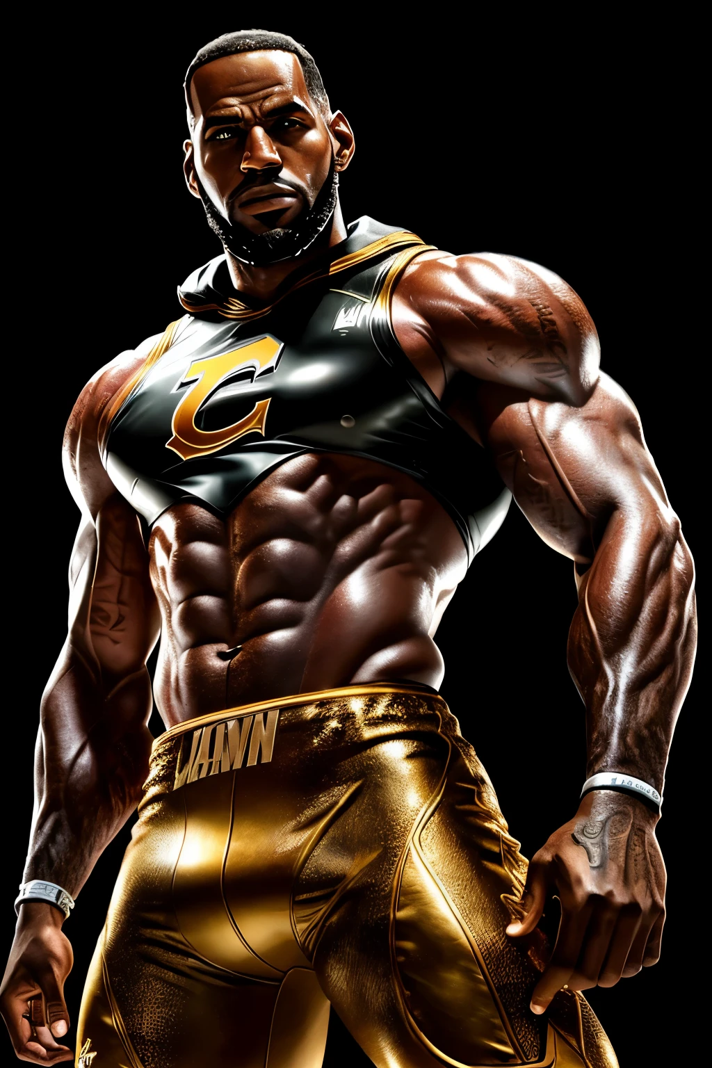 A giant, hyper realistic statue of LeBron James showcasing his intense bicep muscles, clad in a sleek, shiny leather jacket. The intricate details and textures of the statue's surface reveal every ripple and vein, creating an impression of raw power and strength. The deep focus and high contrast lighting bring out the vibrant colors of the statue, making it a stunning and awe-inspiring masterpiece in 8k resolution.