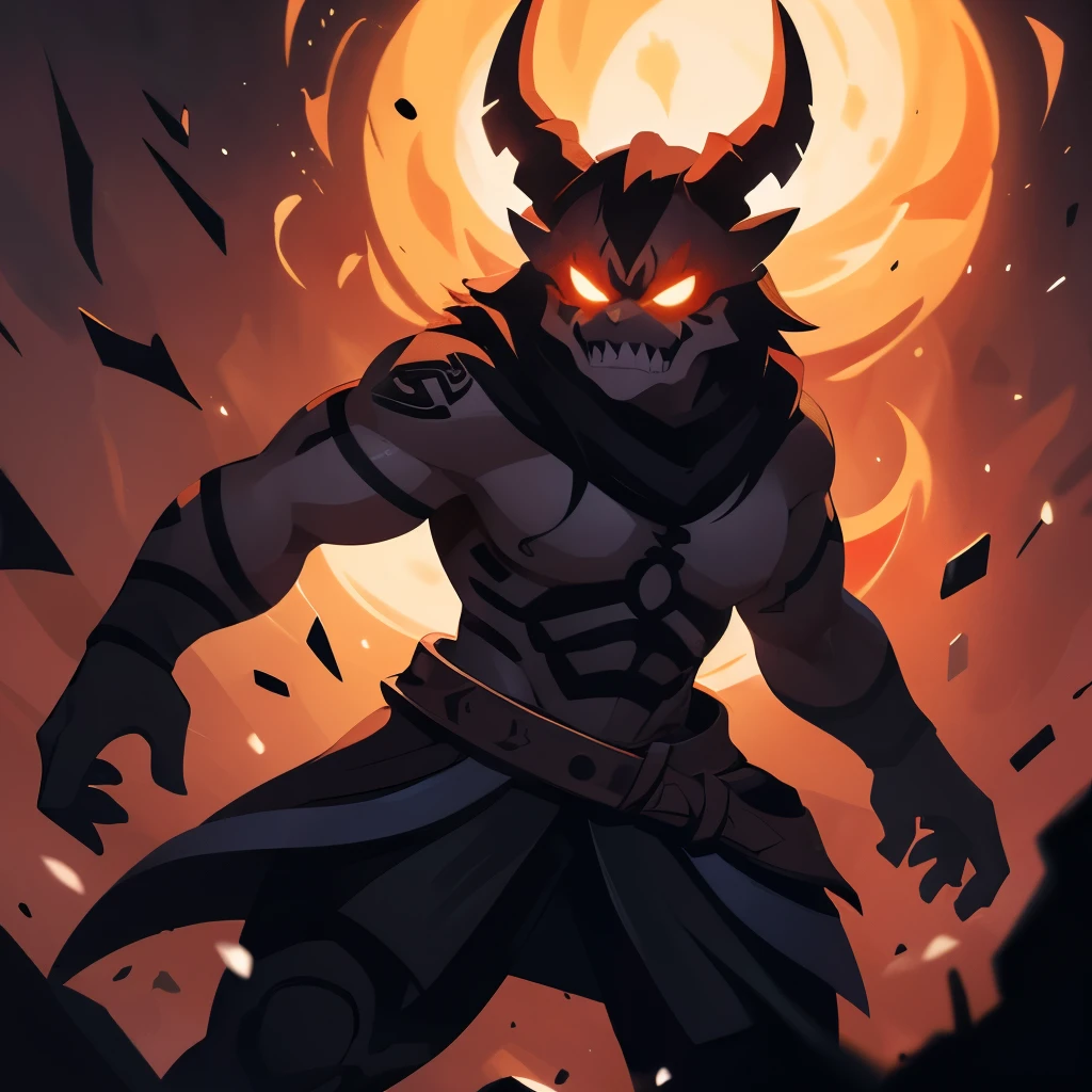 Design a captivating concept character art of a mischievous and cunning demon with unique features and personality. Create a digital artwork in a realistic, surreal, or stylized art style, using a cool and ethereal color palette. Depict the demon in a powerful stance, emphasizing its muscular and imposing body type. Give it glowing eyes, tattoos or markings, sharp teeth, and horns. Dress the demon in tattered robes and exotic accessories, surrounded by props such as skulls and bones, and incorporate smoke or fire effects. Illuminate the scene with fiery lighting to enhance the mysterious mood. Use glowing runes as textures to add depth and detail. Ensure the composition is centered and balanced, with a detailed and immersive background that transports the viewer to an ethereal realm. You can create this concept character art using either traditional ink or digital painting techniques, focusing on lighting and shading as well as line art. The purpose of this artwork is to set the mood and create a unique and captivating character.