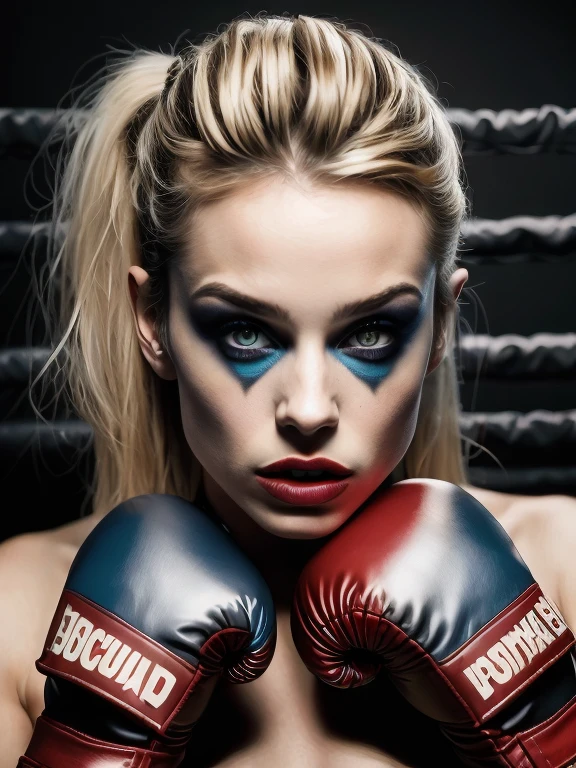 Retrato de Margot Robbie (with red and blue suicide squad makeup) linda de 25 anos brava, nervosa, bad girl, petit teen, Serious, malvada, brava, irritada, cara de mau, bela brasileira, in fighting position, boxing gloves on hands, hands at chin height, she stretches her hand high, bunda grande perfeita, nua, coxas grossas e fortes, with braided hair beautiful eyes, olhos azuis brilhantes,  pele extremamente detalhada, pele com ferimentos, bota de salto alto brilhante, calcinha transparente, usando top curta brilhante, em sala fechada, Parede com ladrilhos de metal preto, (discoteca escura, luz escura e mal-humorada: 1.2), (foto de corpo inteiro).
