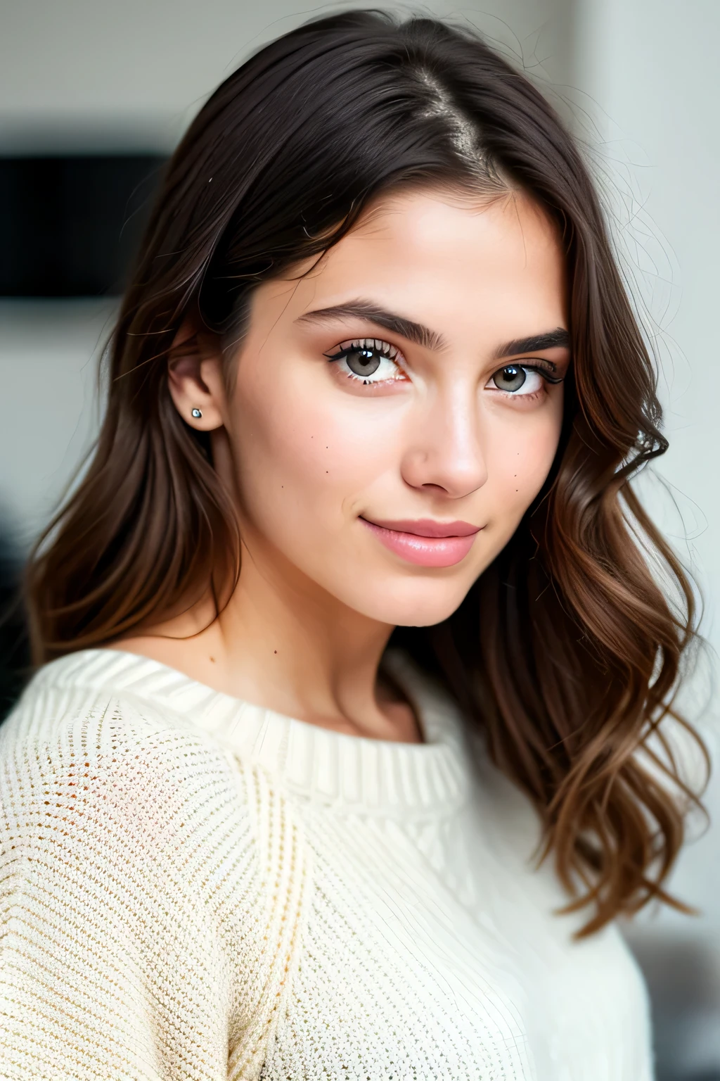 Beautiful brunette in light beige sweater (Get your nails done in a modern beauty salon), very detailed, 21 years old, innocent face, natural wavy hair, blue eyes, High resolution, masterpiece, highest quality, intricate details, very detailed, sharp focus, fine skin, realistic skin texture, texture, fine eyes, Professional, 4K, cute smile, Photographed with Canon, 85mm, shallow depth of field, kodak vision color, perfectly fitted body, very detailed, photograph_\(ultra\), photorealistic, realistic, Post-processing, maximum details, roughness, real life, ultra realistic, photorealism, photograph, 8K UHD, photograph