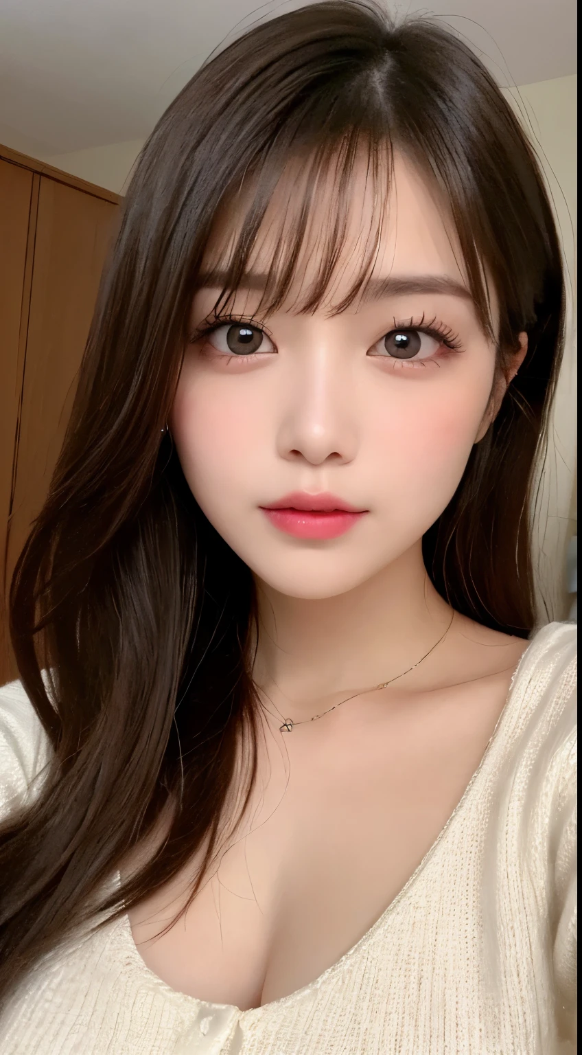 table top, highest quality, shape, Super detailed, finely, High resolution, 8k wallpaper, 完璧なダイナミックな構shape, beautiful and detailed eyes, Black Tokyo Trend Knit Dress, small breasts, natural color lip,gentle smile,20 year old girl、beautiful and detailed face、perfect and beautiful face,Big eyes、beautiful detailed face、perfect and beautiful double eyelids、blur the background、perfect and beautiful face、Feminine poses、blur background、slim face and style、blur background、straight hair、Wear a luxurious mink coat、Bedroom(navy sheets)、lying in bed