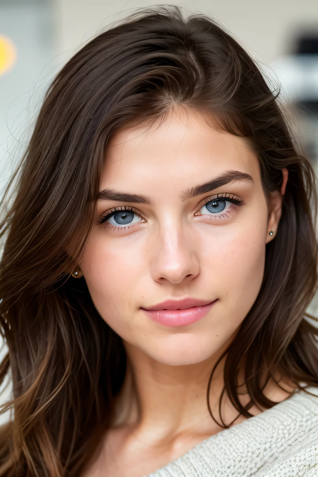 Beautiful brunette in light beige sweater (Get your nails done in a modern beauty salon), very detailed, 21 years old, innocent face, natural wavy hair, blue eyes, High resolution, masterpiece, highest quality, intricate details, very detailed, sharp focus, fine skin, realistic skin texture, texture, fine eyes, Professional, 4K, cute smile, Photographed with Canon, 85mm, shallow depth of field, kodak vision color, perfectly fitted body, very detailed, photograph_\(ultra\), photorealistic, realistic, Post-processing, maximum details, roughness, real life, ultra realistic, photorealism, photograph, 8K UHD, photograph