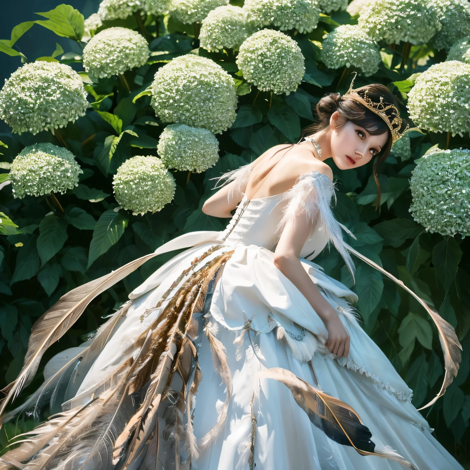 ((extreme detail)),(ultra-detailed),(painting), chiaroscuro, extremely detailed CG unity 8k wallpaper, gwendolyn, hip feathers, holding polearm, strapless dress, crown, detached sleeves, choker, armored thigh boots, feather hair buns, facing forward, looking at viewer, white background, bug, butterfly, grass, hydrangea, leaf, mushroom, nature, plant, apple, looking away, looking up, from above,
