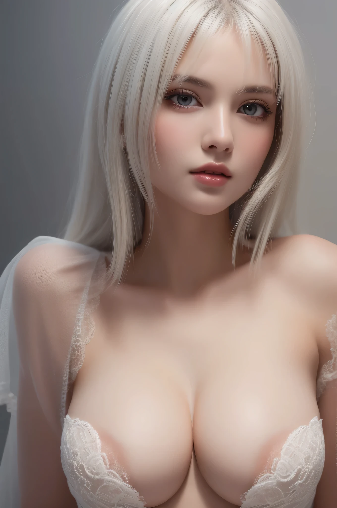 1 girl, (highest quality:1.4), (super detailed), (detailed light), (Highly detailed beautiful face), wonderful face and eyes, gray hair, Beautiful sheer lace details, beautiful breasts, nipple, Highly detailed CG integrated 8k wallpaper, High resolution raw color photos, professional photos, dynamic lighting, Depth of bounds written