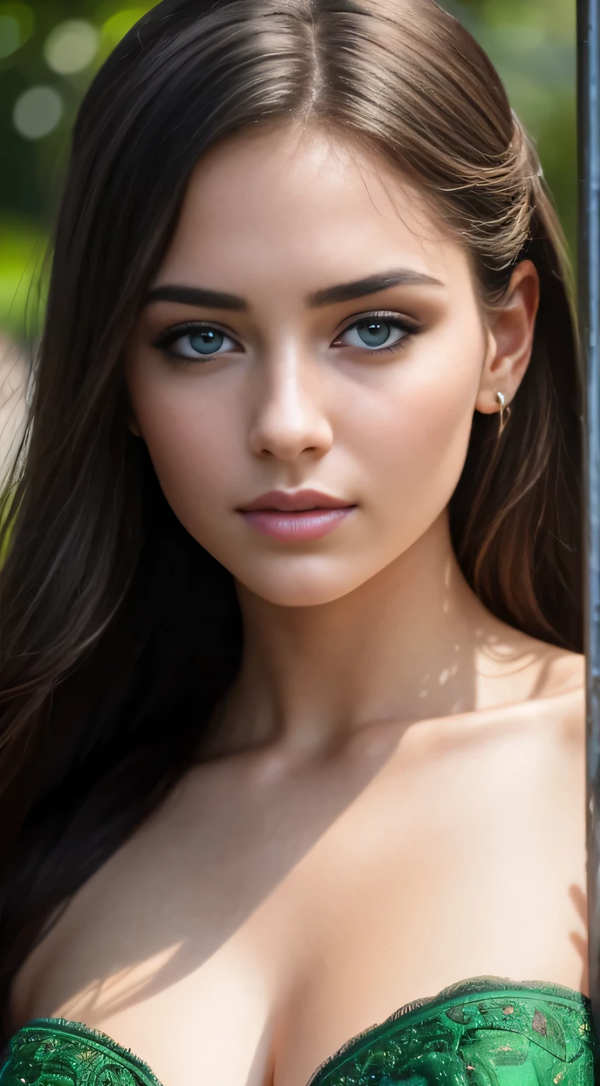Photo of a stunning young woman with green eyes, (1Girl), ((Portrait)), ((Detailed face:1.4)), ((detailed facial features)), finely detailed skin, exhibiting an off-the-shoulders attire, Best Quality, Masterpiece, Ultra High Resolution, (Realisticity: 1.4), Original Photo, captured in a cinematic lighting setup, bringing out the vivid colors and textures, Canon EOS R6, 35mm Lens, F/1.8, raw file, (6K) (Wallpaper), cinematic and dramatic, capturing the essence of her beauty and allure.