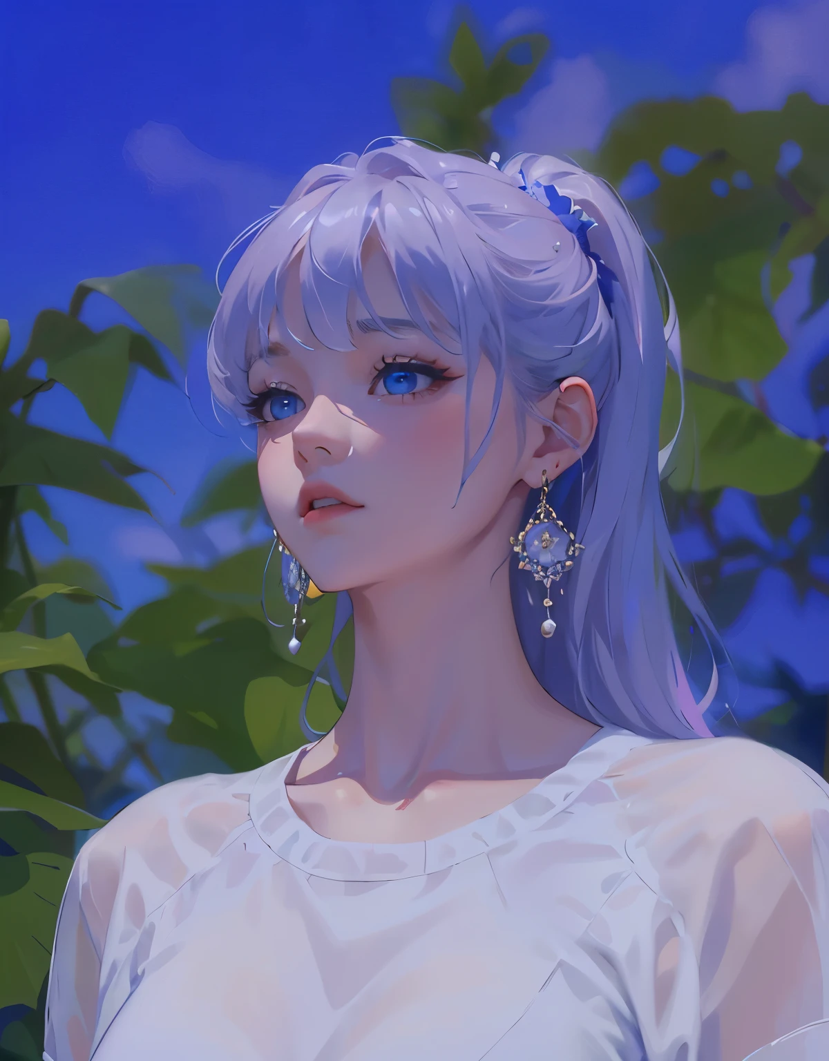 ((masterpiece,best quality)),(1 woman, alone:1.1),beautiful and delicate eyes, vivid, sky, flower, earring, high quality, 4K, best quality, masterpiece, ultra high resolution, ‘Leo’ is a college student living in modern times., 눈처럼 하얀 색과 sky처럼 푸른색이 섞인 포니테일 머리를 하고있다, She was famous for being beautiful and popular within her school., Her blue eyes were bright and beady, The skin, which was as white as porcelain, was as white as if it had never seen the light of day., She has a body that allows her collarbones to be clearly visible., She was wearing her favorite white sweater