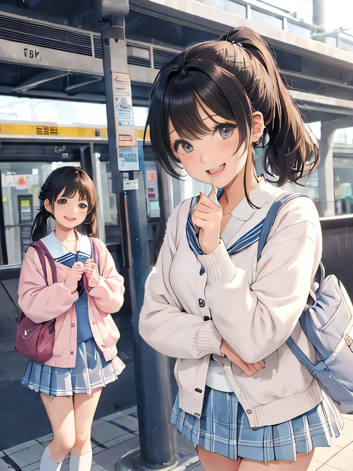 highest quality、High resolution、detailed background、beautiful and detailed face、beautiful and smooth skin、skin texture、professional lighting、Beautiful  girl、(three women),Cute hairstyles such as ponytails、Cute colored sailor suit、Cute school cardigan in pastel colors、Plaid pleated mini skirt、knee high socks、on the way to school、Wait for the train at the station platform、laughter、smile、sexual expression、show your whole body、playfully hug、laughter