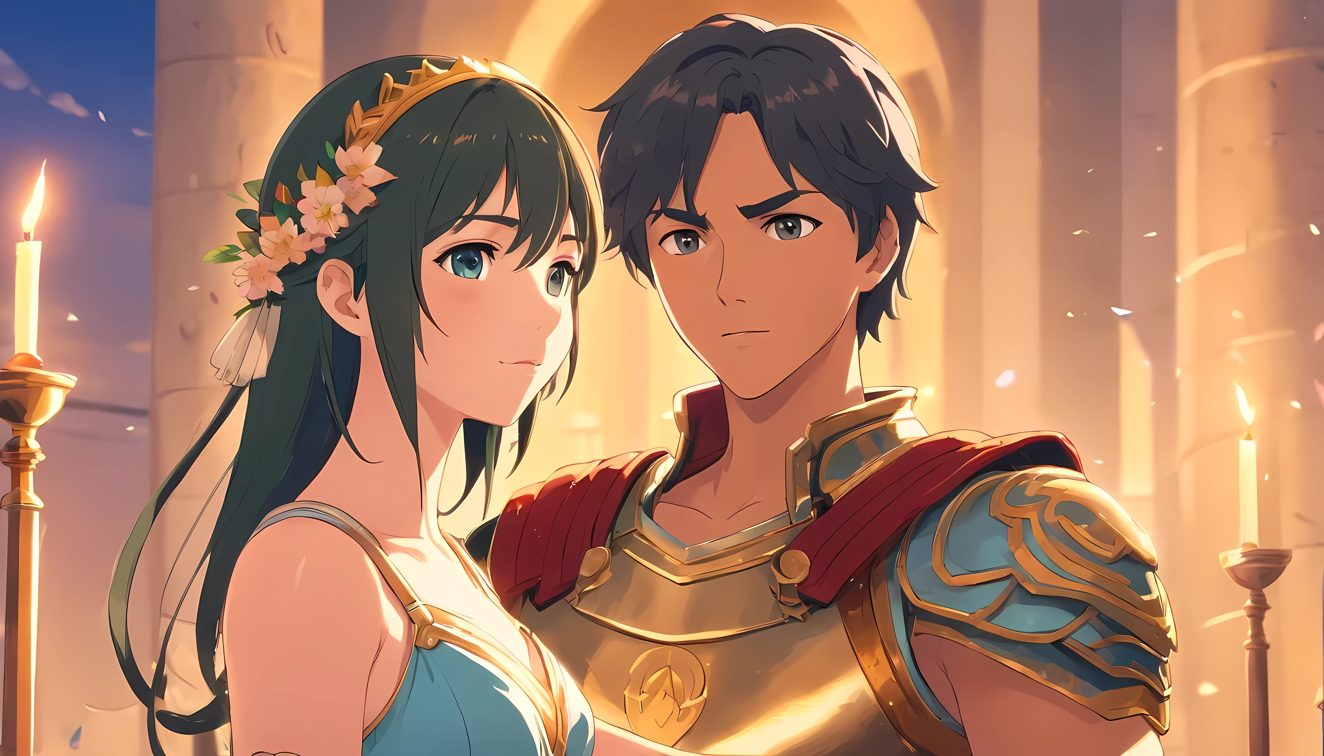 1 man (gladiator) and 1 woman (princess), wedding ceremony, detailed eyes, detailed face, detailed outfit, wealthy kingdom, happy citizen, close up illustration, absurdres, highly detailed CG, Makoto Shinkai Class production