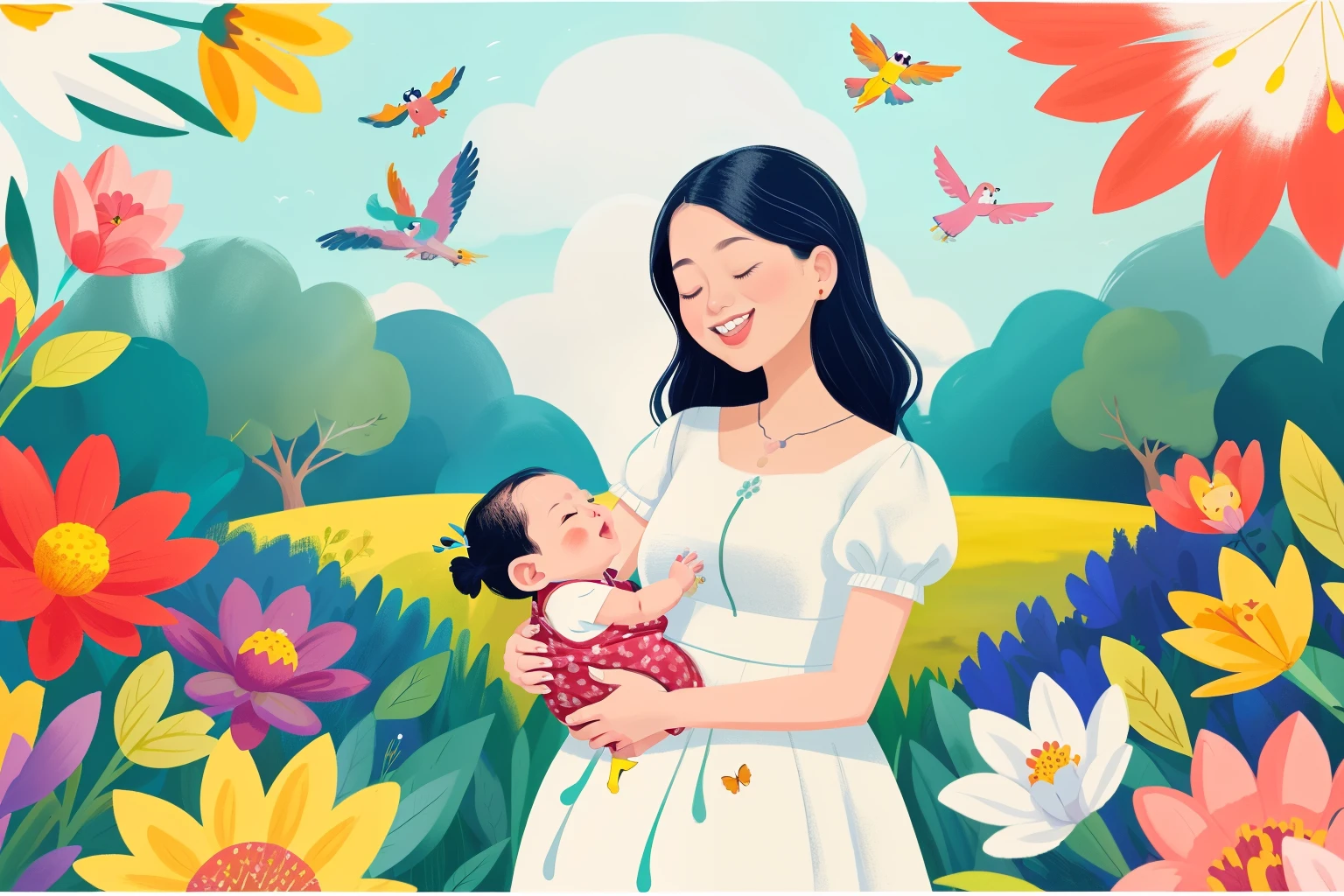 a mother holding a baby, motherhood, eyes closed, happy face, cute, cute baby, colorful background, paint splash background, disney-like, illustration, modern illustration, colourful artwork, outdoor background, fairytale scenery, dream like, wide view, white framing, cinematic, pastel colors, birds, better face, better fingers, expression, flowers, garden