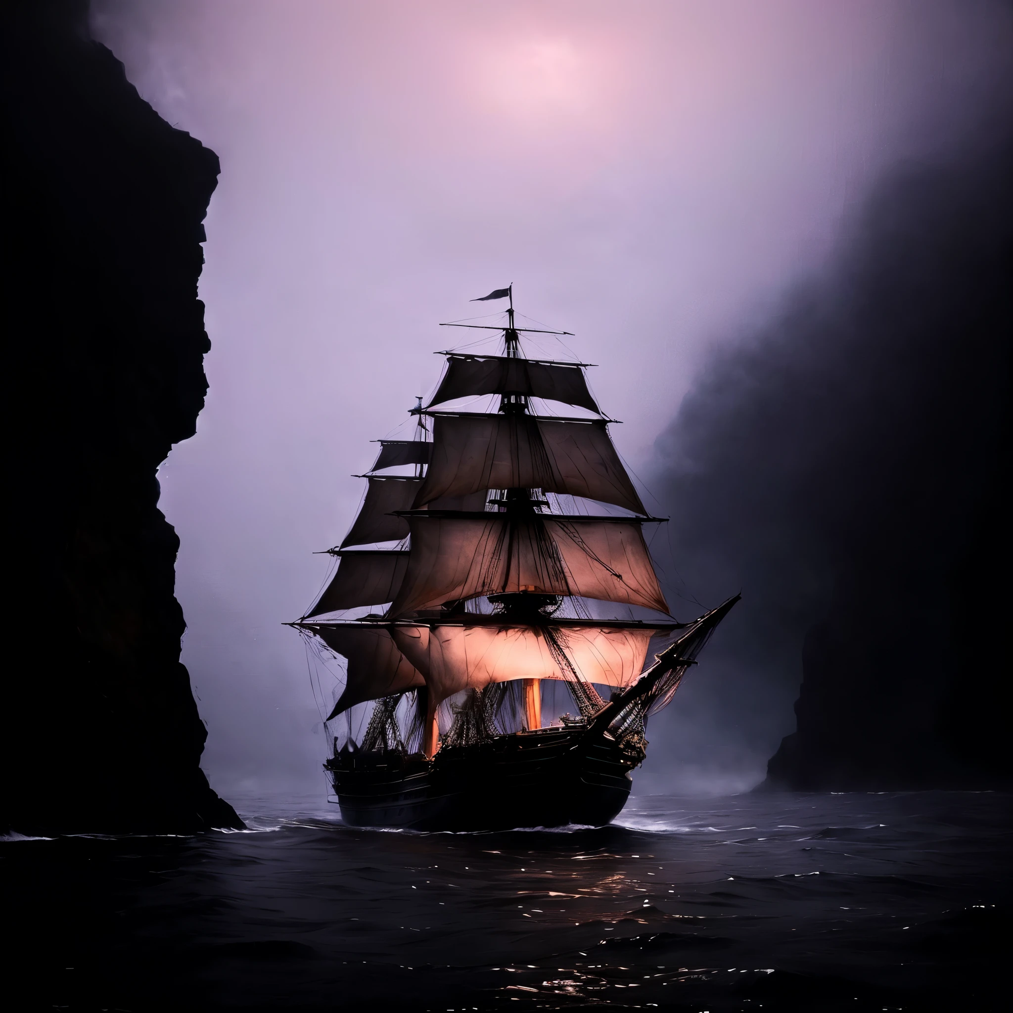 Clipper ship sailing through a foggy sea with a mountain in the background, gothic ship on ocean, sailing ship, the flying dutchman, sails, ship at sea, old pirate ship, pirate ship, ships, torn sails, ships with sails, sailing ships, a ship lost in a storm, an impossibly huge pirate ship, by Robert Bryden