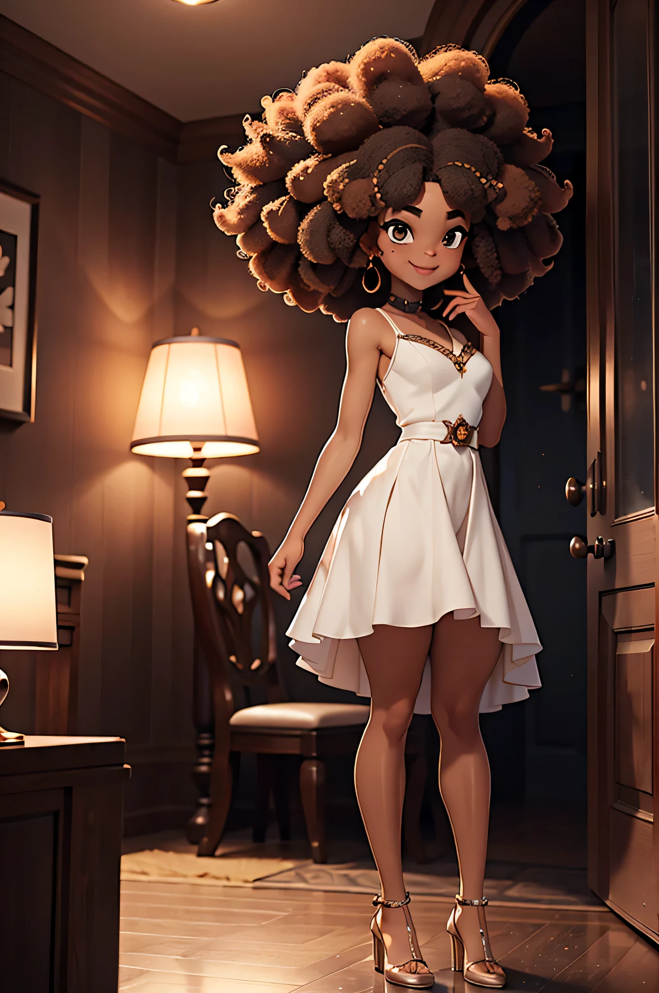 HD, dark skinned, young girl,  8, humanoid, honey, brown eyes, (((brown eyes))), black afro hair, (((afro hair))), Jackie Parris, ((((Jackie Parris)))), full body cgsociety, 3 d character art, full character body, detailed full body concept, stylized character, erotica, ((young girl, 1girl, age), ((complex detailed background, ballroom, outside)), chubby, small, short, action pose, smiling, wearing a princess dress