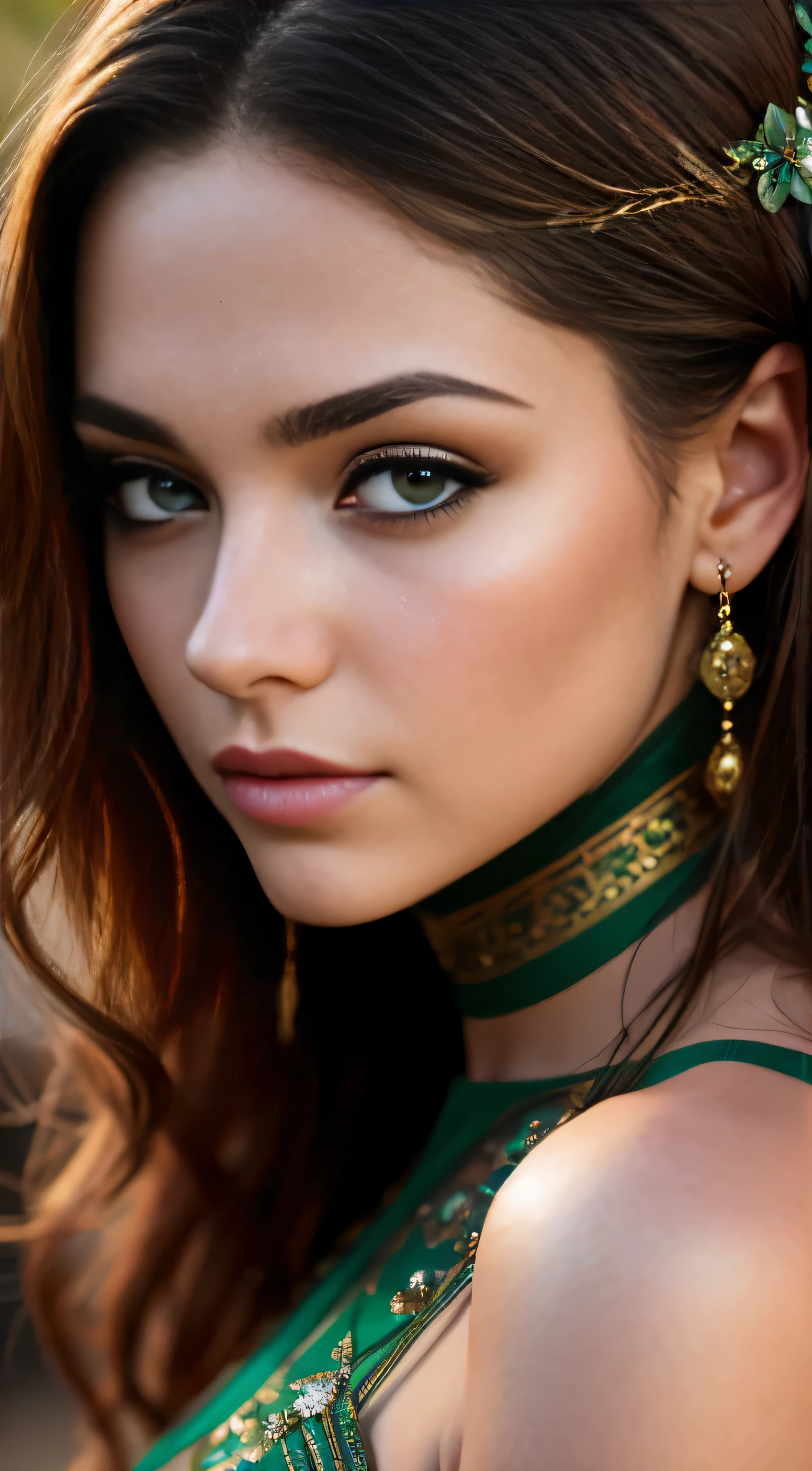 Photo of a stunning young woman with green eyes, (1Girl), ((Portrait)), ((Detailed face:1.4)), ((detailed facial features)), finely detailed skin, exhibiting an off-the-shoulders attire, Best Quality, Masterpiece, Ultra High Resolution, (Realisticity: 1.4), Original Photo, captured in a cinematic lighting setup, bringing out the vivid colors and textures, Canon EOS R6, 35mm Lens, F/1.8, raw file, (6K) (Wallpaper), cinematic and dramatic, capturing the essence of her beauty and allure.