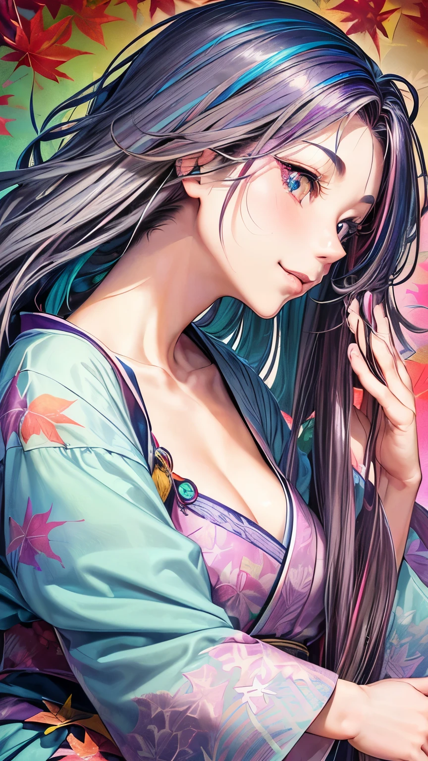Splatter backgrounds and spray paint effects by Adam Hughes、yukata、Center of upper body、Multi-coloured hair、Close ~ eyes、Big happy smile、watercolor画、watercolor、watercolorスタイル、watercolorの詳細なアート、watercolorデジタル画、watercolor絵の具、非常に詳細なwatercolor画、watercolor、Japanese women、18-year-old、Long Hair、Summer festival、Dynamic pose。