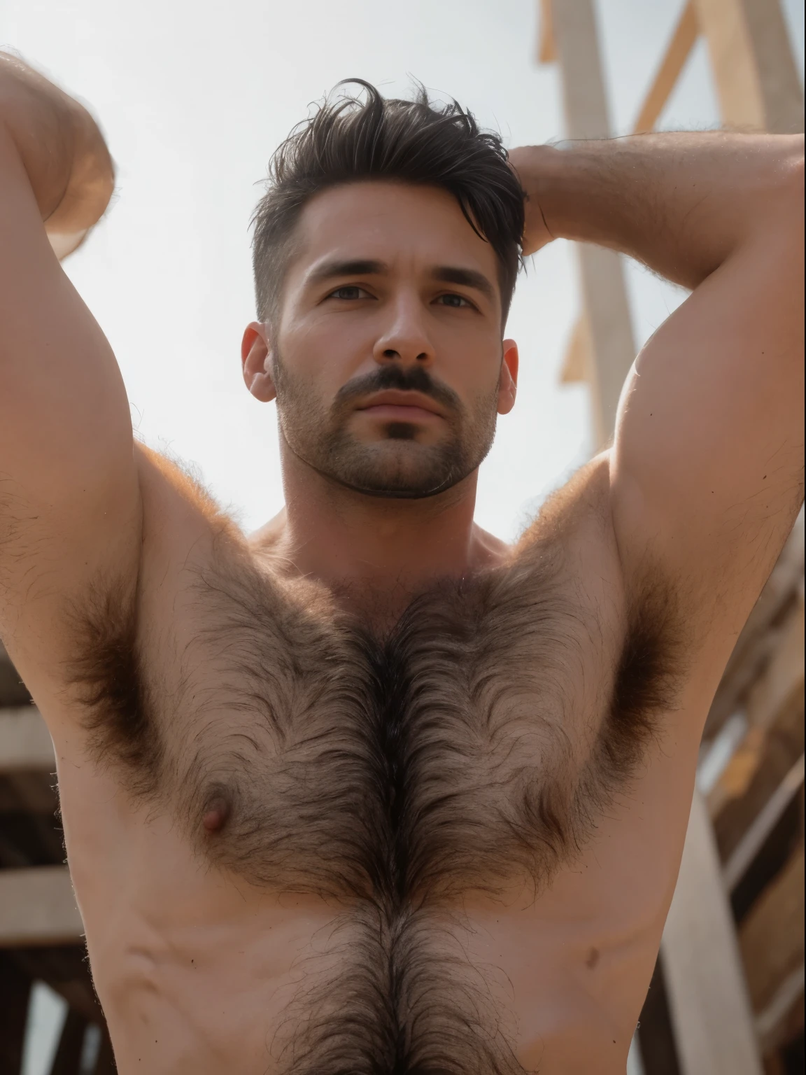 masterpiece, best quality, high resolution, closeup portrait, male focus, solo focus, A man, 40 years old, with construction worker uniform, unbuttoned work clothes, white hair, construction worker, silver grey hair, messy hairstyle, cute and seductive face, bare chest, body hair, facial hair, roman nose, very skinny body, hairy legs, dimples, beard, bold jawline , in the background a construction site, orange safety vest, erotic, sweaty hairy armpit, white stained briefs, view from below, amazing composition, front view, HDR, ultra quality, elegant, highly detailed