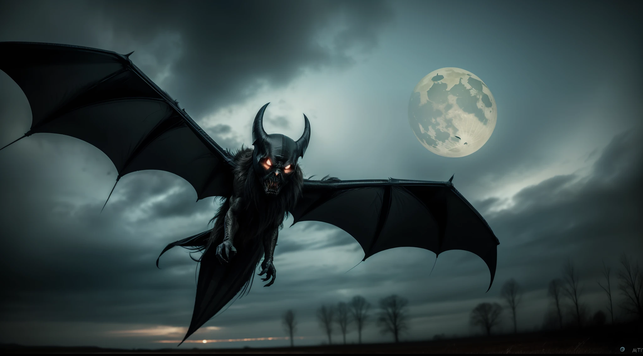 Painting of a demonic anthropomorphic winged bat, volando en la noche,
 carnificina, Sci - The Art of Horror Fiction, Science fiction horror arts, inspirado em Aleksi Briclot, As presas da carnificina, Horror art in the fantasy genre, Dirigida por: Aleksi Briclot, arte conceitual de terror, veneno, Arte de fantasia e terror, ((lente: 10 mm, panoramica)), Detailed horror illustration 