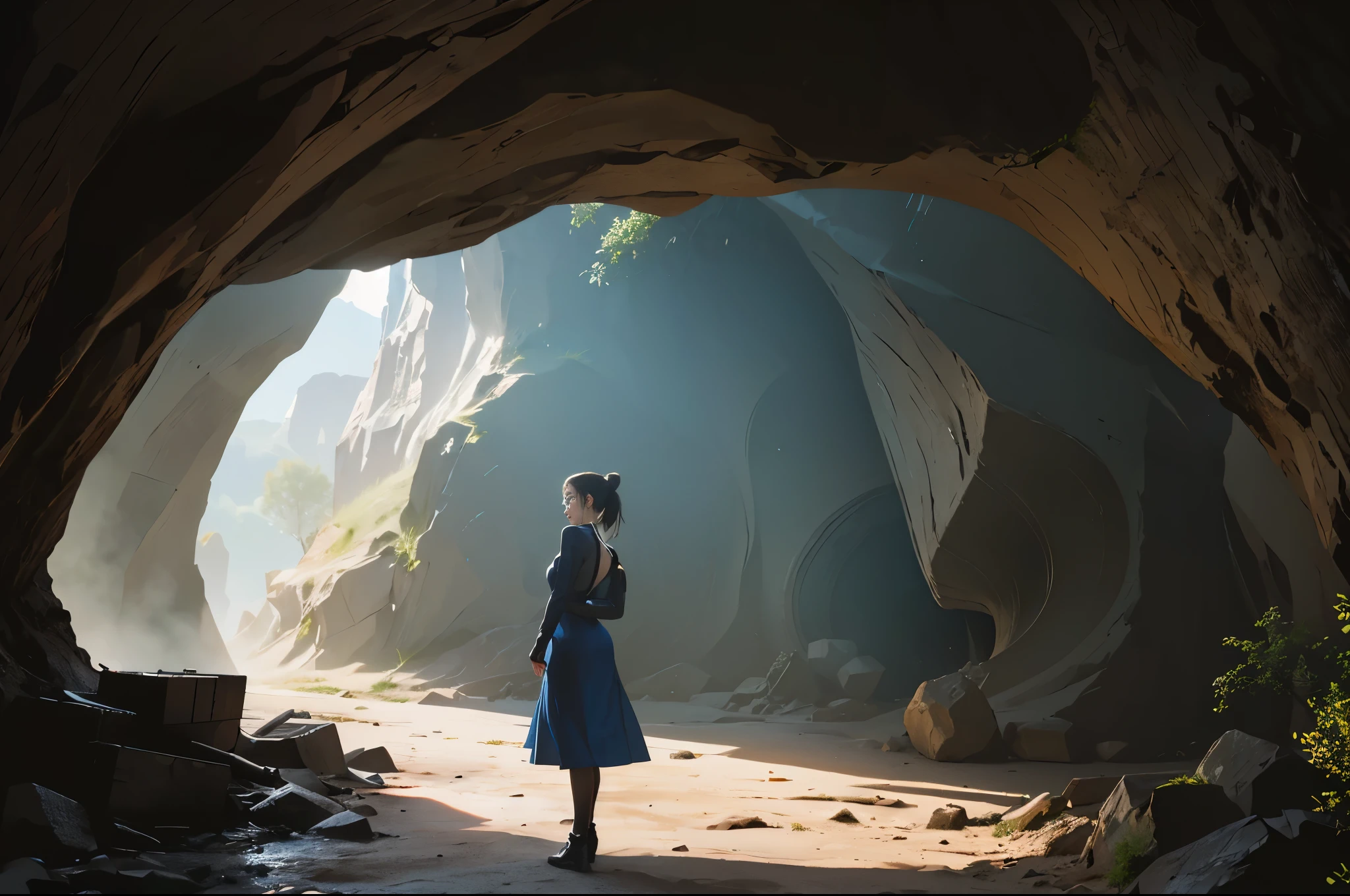 (((Ancient cave landscape))), a beautiful young explorer girl stood in the distance, ((wearing a Jill Valentine outfit)), long black hair tied in a ponytail, bangs, wearing glasses