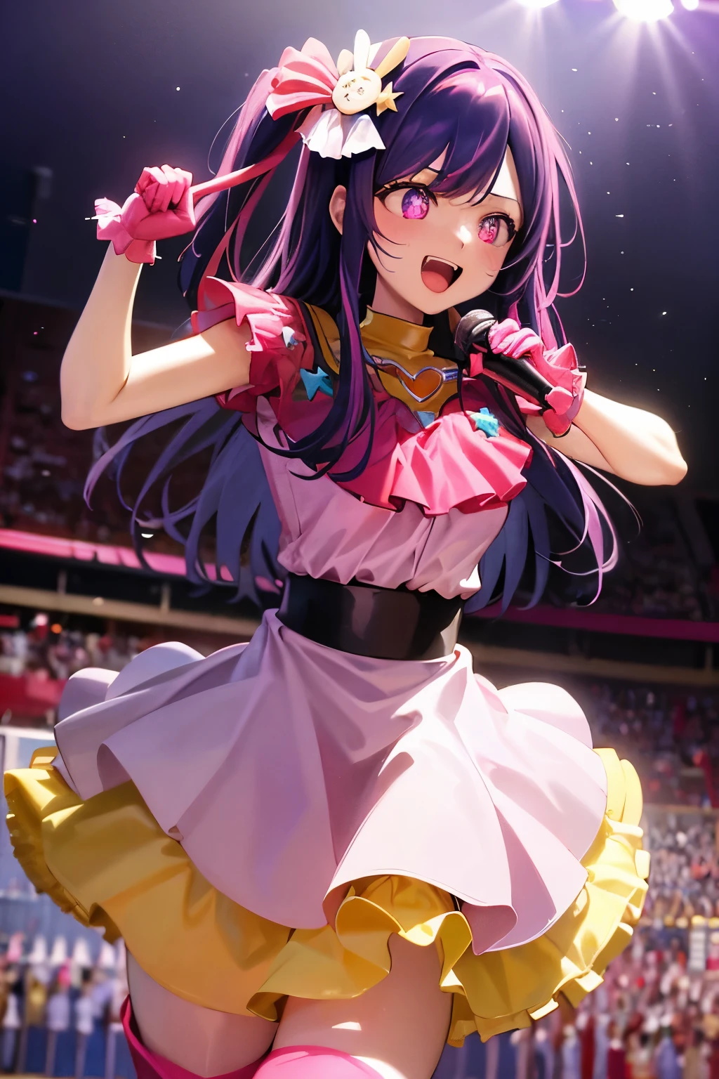 hoshino ai, from below, star dress, singing, :d, happy, open mouth, stage, concert, stage lights, audience, pink dress, yellow collar, pink gloves, pink thigh boots, crowd, light particles, red heart brooch, (holding microphone:0.9),, masterpiece, best quality, highly detailed