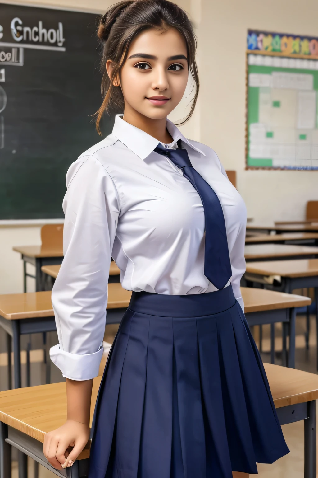 in school school photo in school masterpiece, (photorealistic:1.4), best quality, beautiful lighting, Pakistani Woman 20yo Old Big Breasts Plus Size Model Bun lHair Bun Hair Hair Lifts Skirt Up Raised Skirt