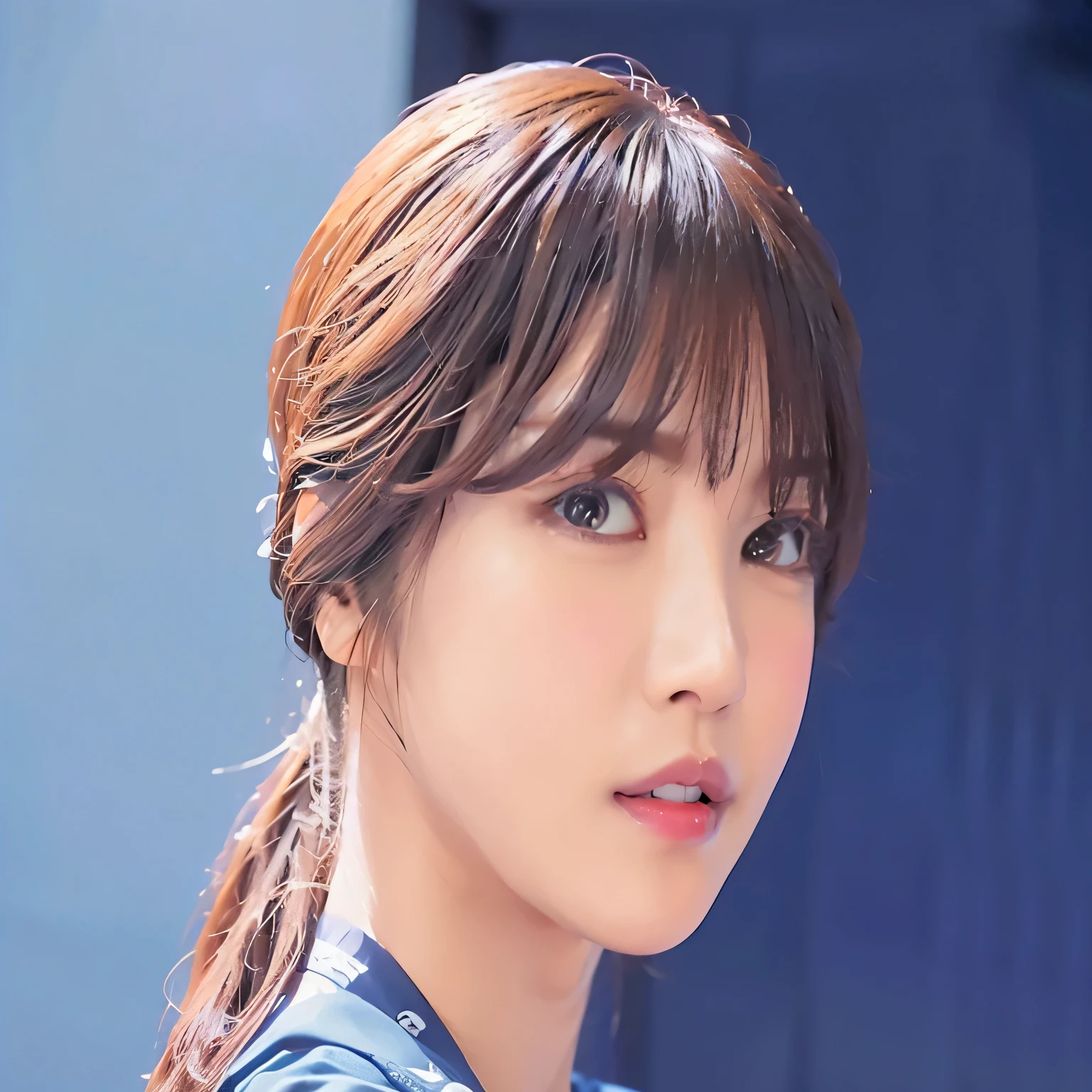 Asian woman in arafe with long hair and blue shirt posing, Larisa Manobar, Lalisa Manoban in blackpink, Portrait of a Korean female idol, Park from to, blackpink jossi portrait, Second time'Twi, sun yunjoo, Lee Ji Eun, Lee Ji Eun, With bangs、smile