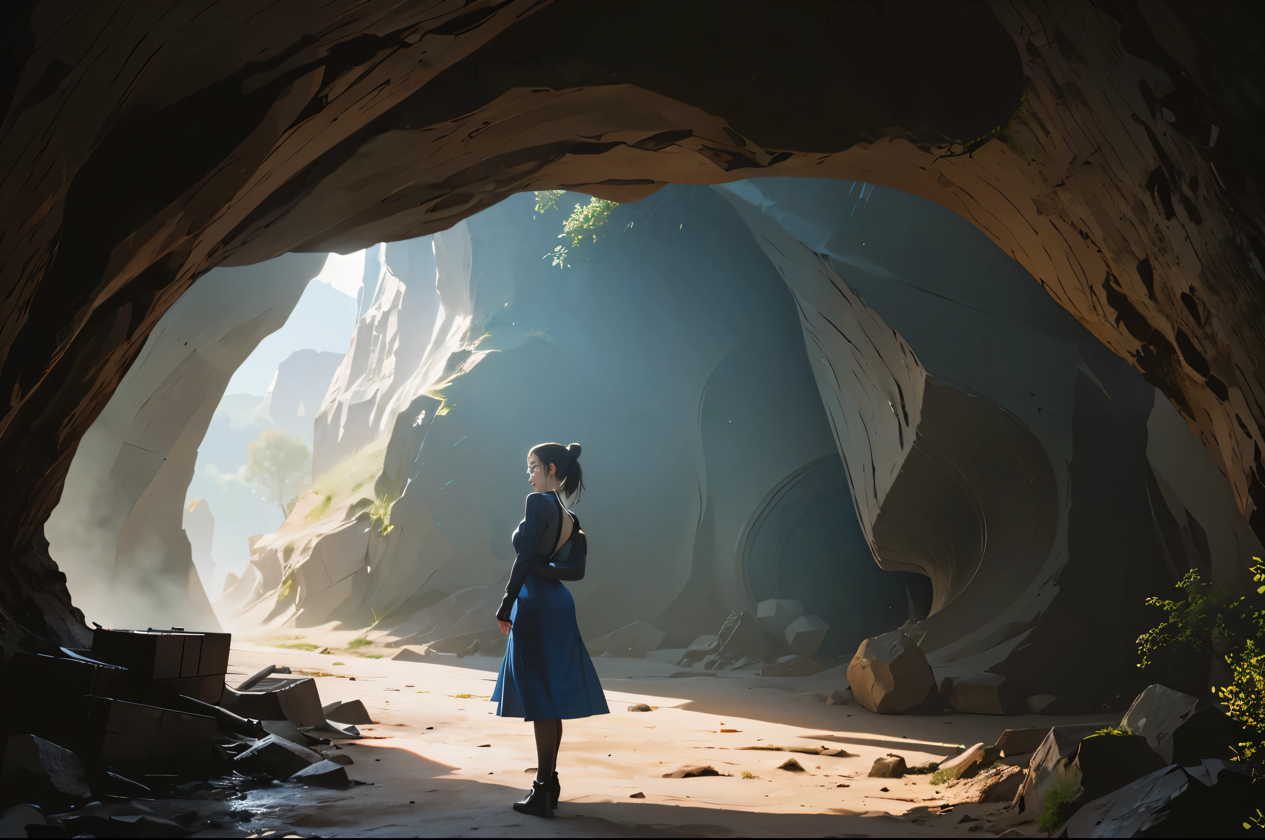 (((ancient cave landscape))), A beautiful young explorer girl stands in the distance., ((Wear Jill Valentine's outfit)), Long black hair tied into a ponytail, smooth, wear glasses