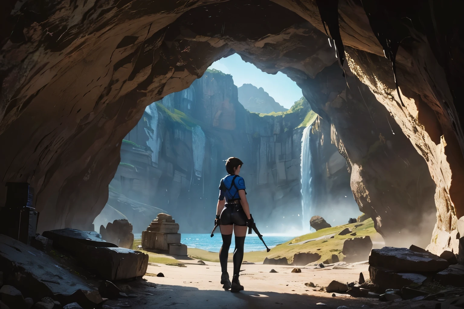 (((Ancient cave landscape))), a beautiful young explorer girl stood in the distance, ((wearing a Jill Valentine outfit))
