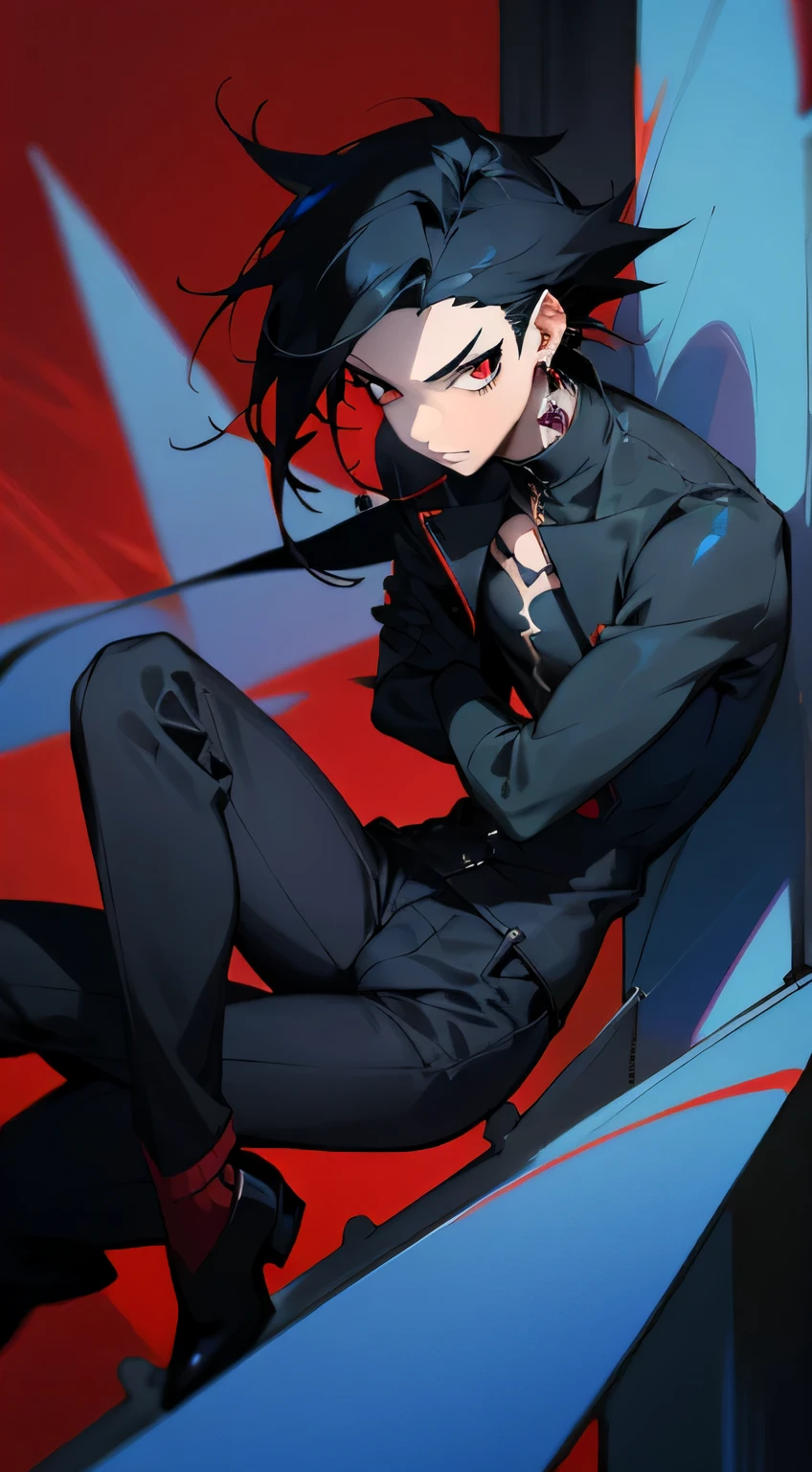 Male anime character with red piercing eyes and jet-black hair, adorned with long blue hourglass tip earrings. He wears a stylish outfit in harmonious blue, red, and black tones.