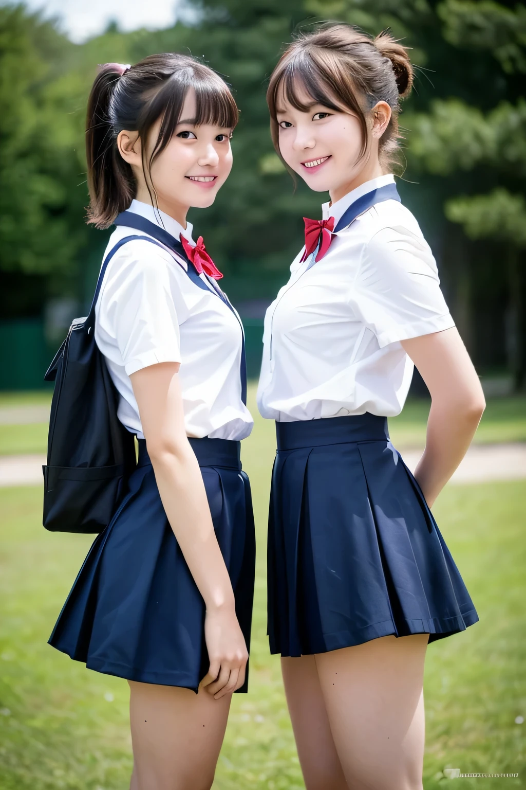 Two girls standing in the schoolyard,white ruffled dress and navy blue skirt,Dark red bow tie,18-year-old,bangs,a little smile,thighs,knees,short cut hair,ponytail,from below