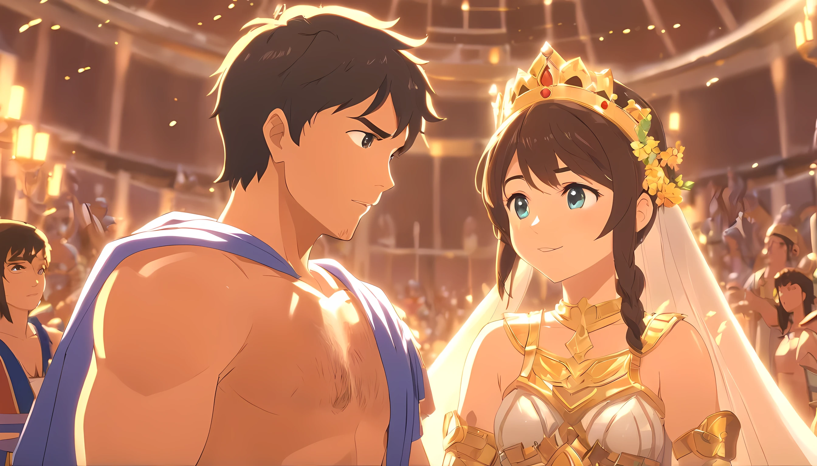 1 man (gladiator) and 1 woman (princess), wedding ceremony, detailed eyes, detailed face, detailed outfit, wealthy kingdom, happy citizen, half body illustration, absurdres, highly detailed CG, Makoto Shinkai Class production