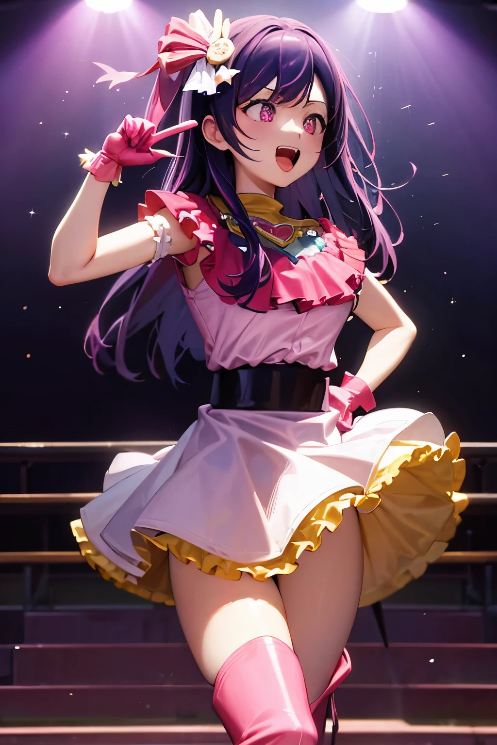 perfect eyes:1.2, detailed eyes:1.4, athena asamiya, long hair, happy, smile, hair ornament, (purple eyes:1.1), purple hair, hairband, star \(symbol\), star hair ornament, red hairband, red choker, serafuku, pearl (gemstone), short sleeves, red skirt, fingerless gloves, black thighhighs, cowboy shot, 1girl, solo, (masterpiece:1.6, best quality), 8k, insane details, intricate details, hyperdetailed, hyper quality, high detail, ultra detailed, professional, HDR, ray tracing reflection, cinematic lighting,