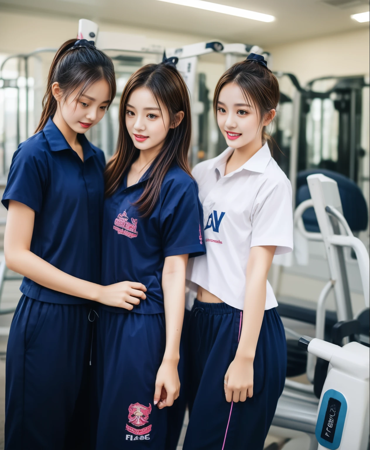 3 girls in fitness center, Navy blue short-sleeved shirt,Navy Long Trackpant,Sweatpants, Sweatpantsขายาว,25 year old girl, lesbian, sexy, exercise clothes, wet body, exercise clothes