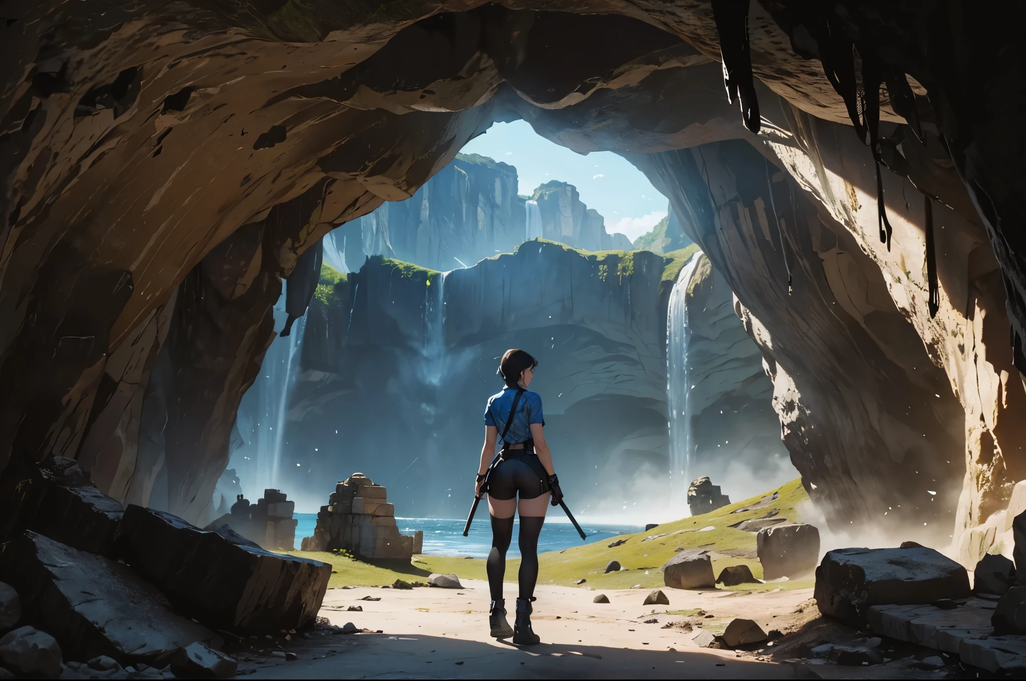 (((Ancient cave landscape))), a beautiful young explorer girl stood in the distance, ((wearing a Jill Valentine outfit))