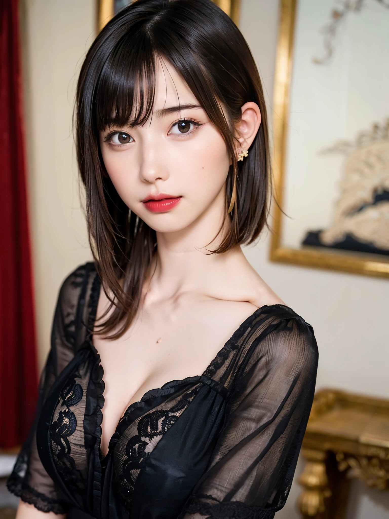 (table top, highest quality、high detail:1.4、very attractive beauty、Adds intense highlights to the eyes、look closely at the camera:1.4、Beautiful woman full of charm、ideal body proportions、perfect anatomy、brunette short bob hair、shiny hair、bangs:2、光沢のあるbangs:2、lip gloss),1 girl, Report, light brown shiny hair, scarf,realistic, looking at the viewer、Please tilt your head slightly, bright colored crystal light blue eyes, short and shiny hair、 chest中央に穴の開いた白いタートルネックの衣装,chestの真ん中に丸い穴のあるセクシーな白いタートルネック ニット セーター、 lips, lip gloss, Upper body、Big eyes、eyelash、face is a little red、embarrassing)、((italian road in winter))、((short hair with Big eyess、Give students very powerful highlights、{Huge|big|Hugeな|mega} chest:2、very bigger chest:2、look at the audience、very beautiful beauty、show me your ears、long neck、smile a little、beautiful teeth、open your mouth and smile、heart shaped eyes))、28 years old、very cute super model、portrait:2、close your face:2