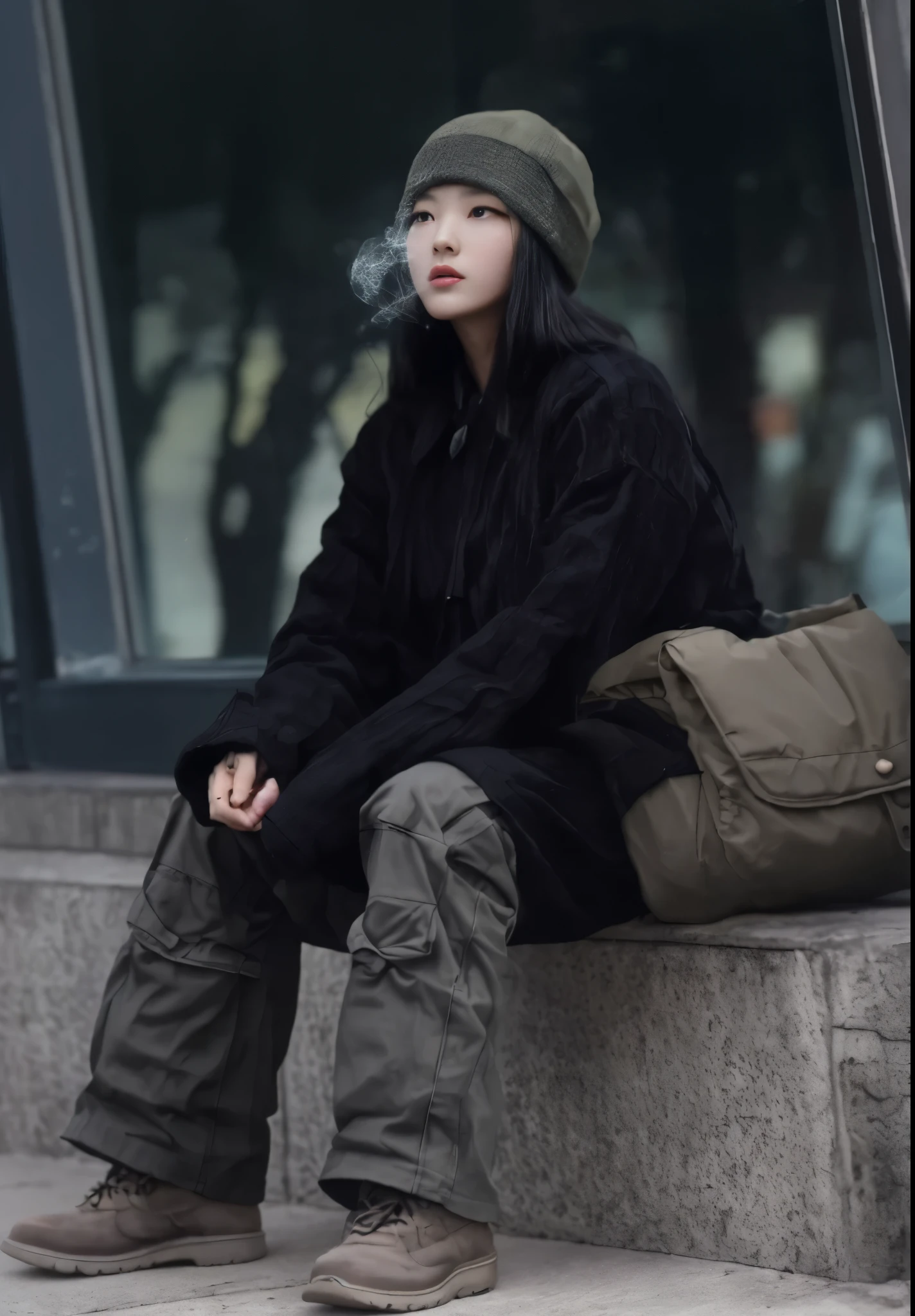 Arav sits on the windowsill smoking,wearing a hat, Photo of a woman in tech clothing, Wearing urban tech clothing, Wearing Japanese tech clothing, 2 Women in Tech Clothing, Smoking break, Loose clothing and hats, Kim Jong Ki style, Tech clothing looks and clothes, Kim Jong Ki style, Inspired by Wang Meng, Wong Kar Wai style