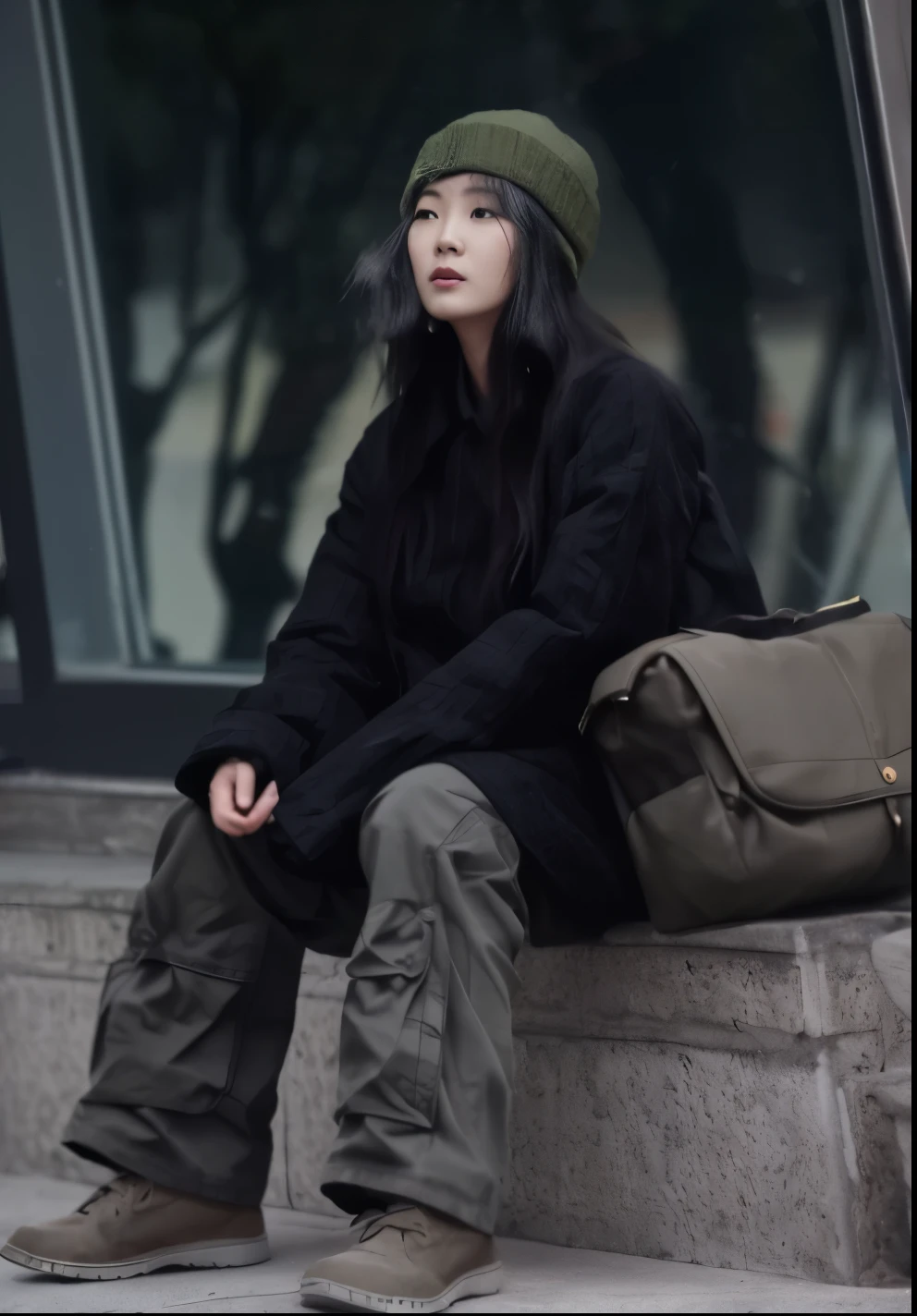 Araf middle-aged woman sitting on the windowsill smoking,wearing a hat, Photo of a woman in tech clothing, Wearing urban tech clothing, Wearing Japanese tech clothing, 2 Women in Tech Clothing, Smoking break, Loose clothing and hats, Kim Jong Ki style, Tech clothing looks and clothes, Kim Jong Ki style, Inspired by Wang Meng, Wong Kar Wai style