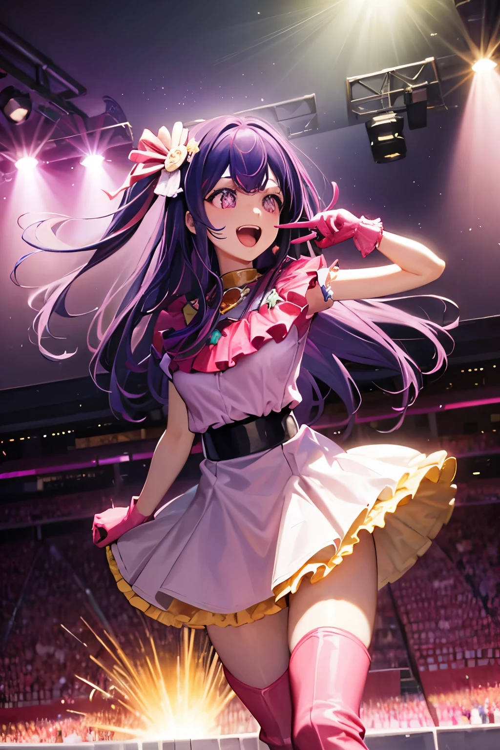 hoshino ai, from below, star dress, singing, :d, happy, open mouth, stage, concert, stage lights, audience, pink dress, yellow collar, pink gloves, pink thigh boots, crowd, light particles, red heart brooch, (holding microphone:0.9),, masterpiece, best quality, highly detailed