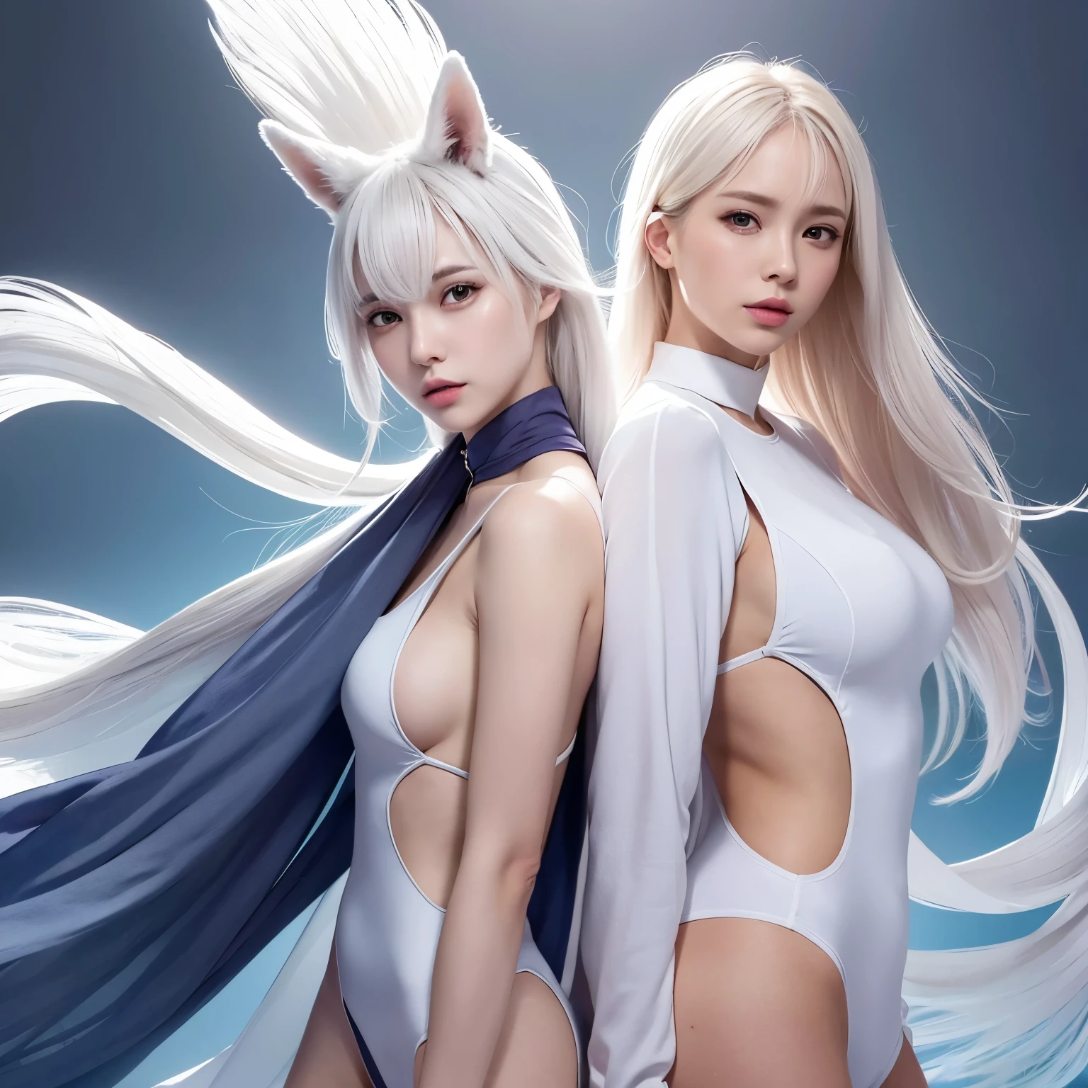 (personagens feminino) roupas formas terno, White fox and human hybrid, Perfect fusion of human and animal characteristics