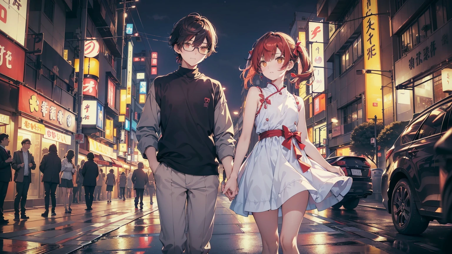 ((Calidad superior, ultra detallado, high resolution, CG extremadamente detallado, fondo de pantalla de unidad 8k, por artista famoso, perfect , super detailed skin, cinematic lighting, HD, retina, anatomically correct, 1080P)), ((Please draw a couple in love of a girl and a boy on a lovely date.:1.3), ((una chica con un chico)), ((Girl details: rostro,12-year-old:2.0, Un estudiante de secundaria, Androgynous Amulet, pelo medio, chica con el pelo completamente rojo, pelirrojo, coletas, flequillo recto, with a little bow in her hair, Extremidades completas, dedos completos, Dedos perfectos, pecho plano, Cuerpo , Small rear, ingle, Hermosos ojos llenos de oro amarillo detallados., ojos perfectos, Japanese kawaii dress with pastel colors and cute designs, coqueta, brazos y hombros , Sin mangas, thin piernas, small height, tender rostro, Chica sin gafas, vista de cuerpo completo, de pie, piernas, body of a 12 year old boy )) ((Child details: rostro, 17-year-old:2.0, amamiya ren, un estudiante de secundaria, boy with dark brown hair, Extremidades completas, dedos completos, Dedos perfectos, brazos perfectos, masculino, varonil, Small rear, Beautiful dark brown eyes full of details,  with glasses, ojos perfectos, ropa juvenil elegante hombre, el chico es mas maduro)) (Detailed lighting), (antecedentes detallados), ((Romantic date at night walking through the streets of Tokyo)), Toma de cuerpo completo, ((perfecciona cada 5 dedos)) ((un hombre y una mujer))