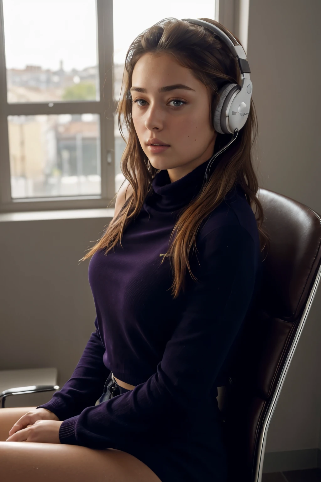 (masterpiece), (one girl 22 year old) (((Caucasian))) italian girl with shoulder length messy hair, she is . She is wearing a ((tight polo neck)) and shorts, she is sitting on a vitra eames chair ((wearing headphones)) in rapture, taken with, Canon 85mm lens, extreme quality, heavily retouched, heavy makeup, very high quality, portrait sophie mudd, thick neck, 19 year old female model, latina, angelawhite, violet myers, 22 years old, 21 years old, profile image, italian, italian latina, Alycia Debnam-Carey, hazel eyes, realistic, post-processing, maximum detail,
