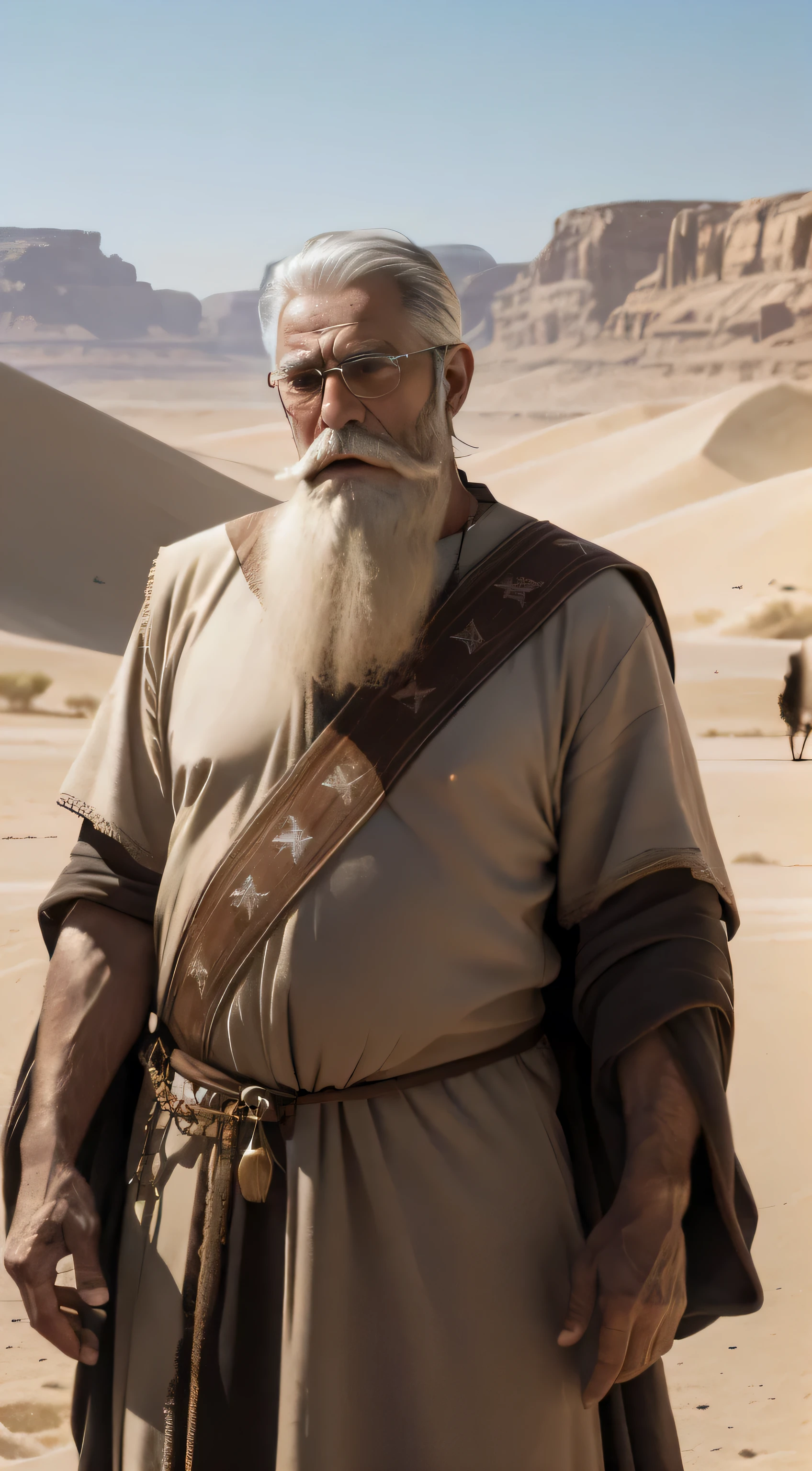 A cinematic depiction of Abraham, an elderly man with a long white beard and mustache, in the midst of the desert, surrounded by the nomadic People of Israel following him. The sun sets in the background, casting long shadows and creating a hazy, golden glow that illuminates the scene. The depth of field is shallow, with the figure of Abraham in sharp focus while the desert landscape blurs slightly in the foreground and background, evoking a sense of vastness and isolation. The lucid texture of the sand and the worn clothing of the People of Israel contribute to the hyperrealistic representation. The use of bokeh and hdr photography enhances the visual experience, while the ultra-high definition